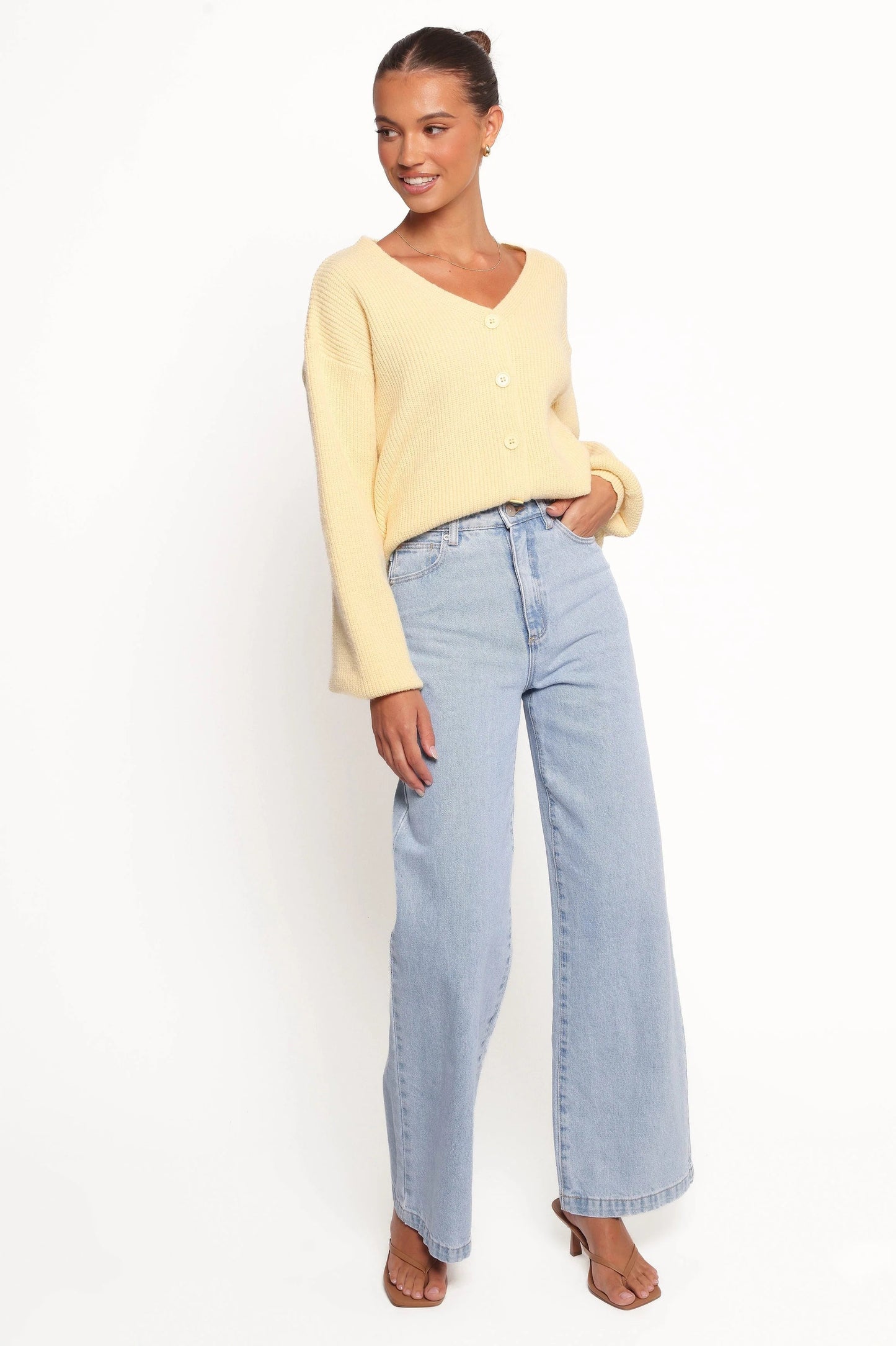Button-Front V-Neck Knit Cardigan