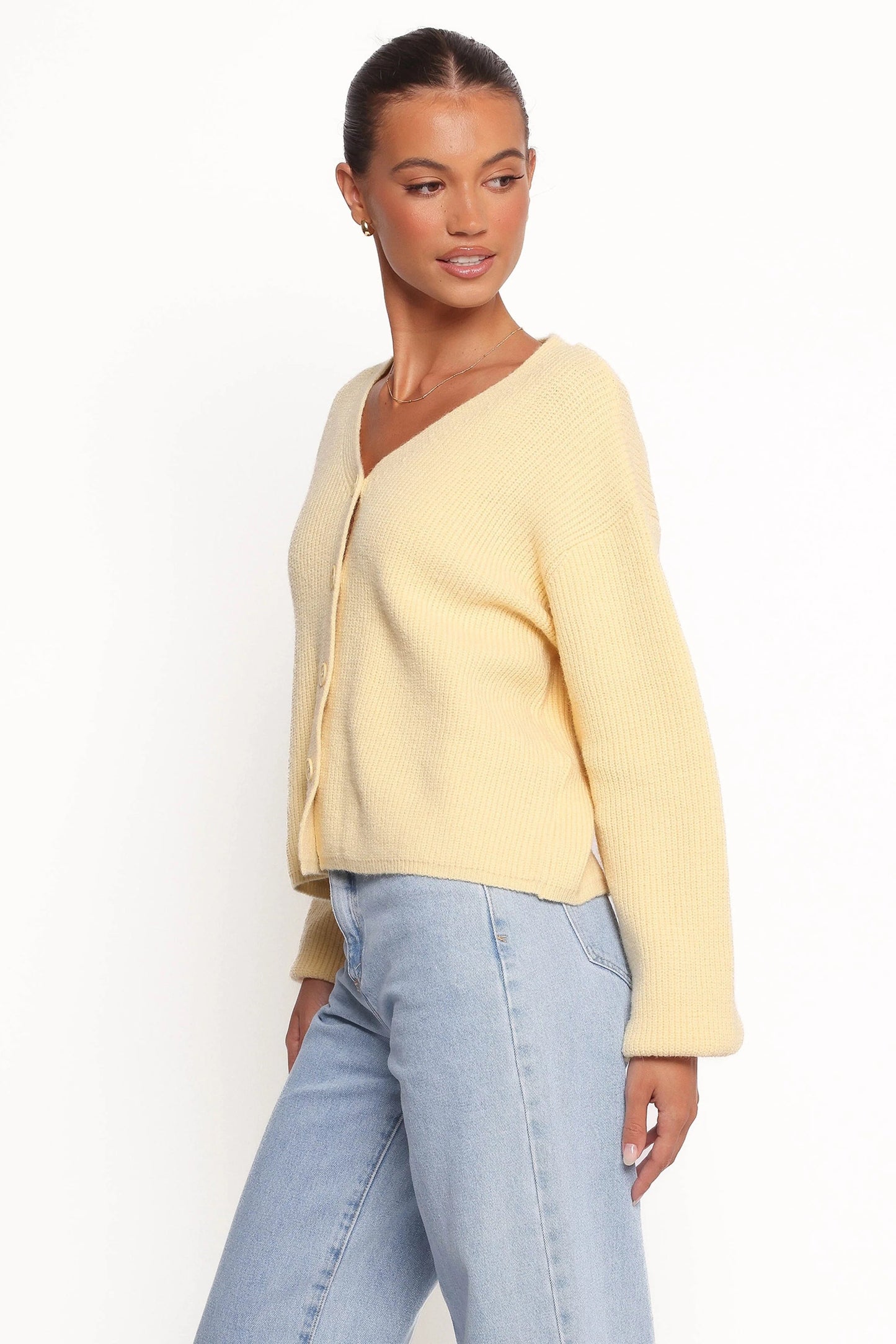 Button-Front V-Neck Knit Cardigan