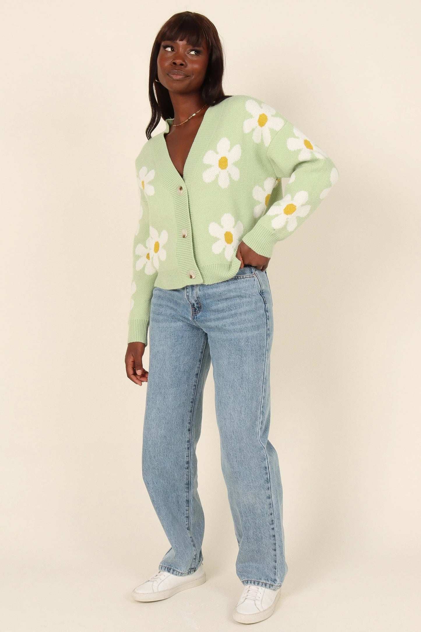 Daisy-Print Cropped Floral Cardigan