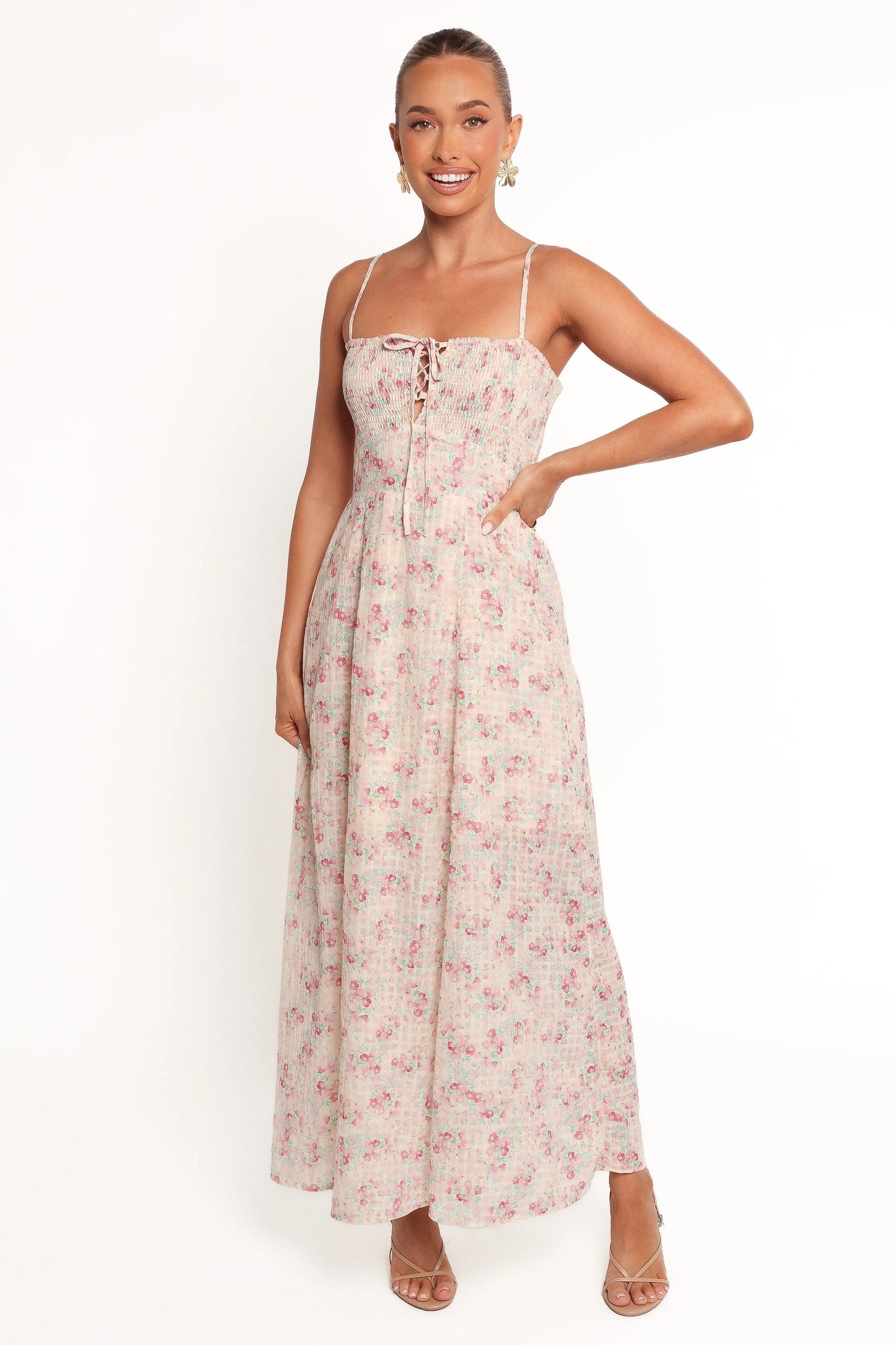 Ditsy Lace-Up Maxi Dress