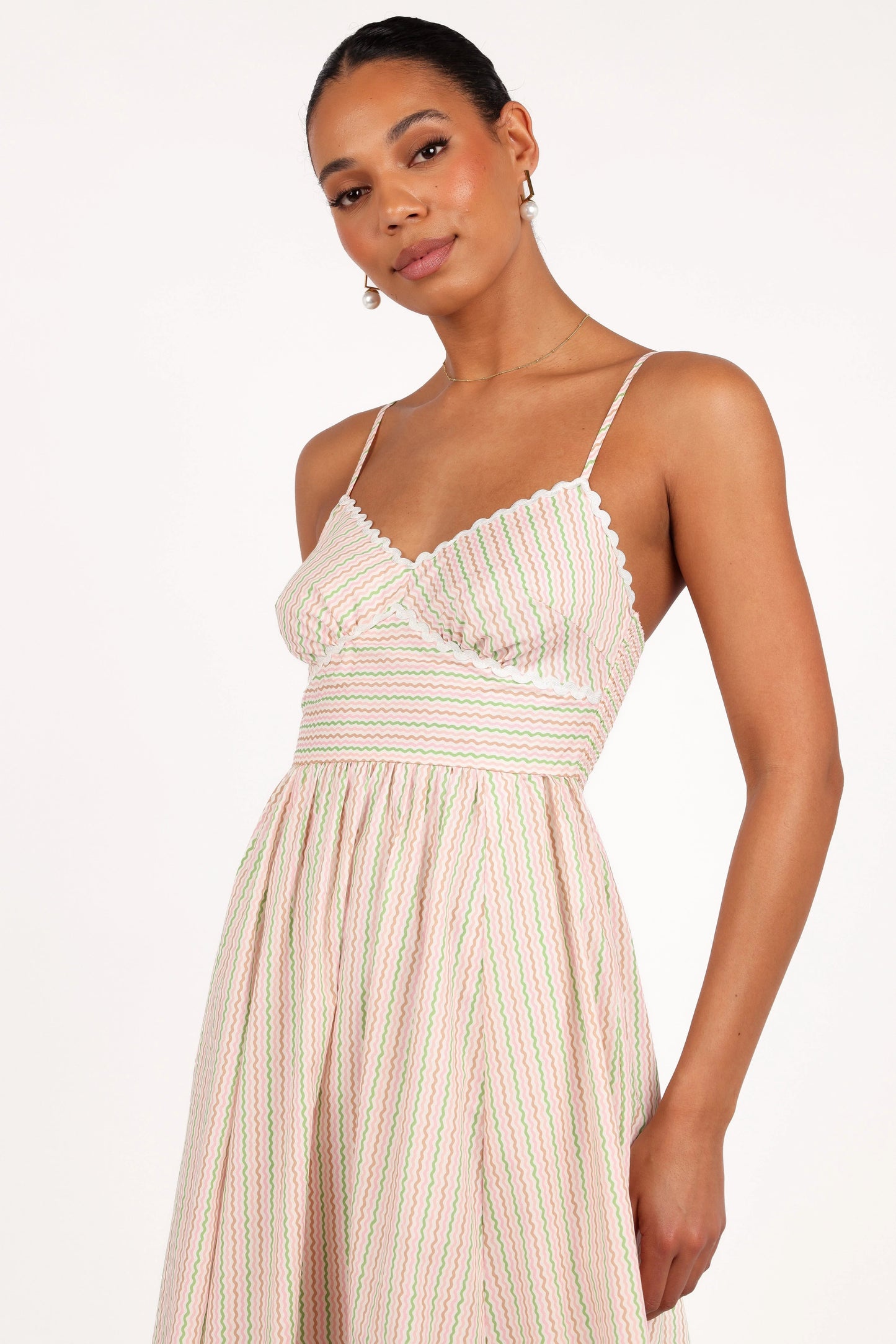 Embroidered Overlay Shirred-Back Midi Dress