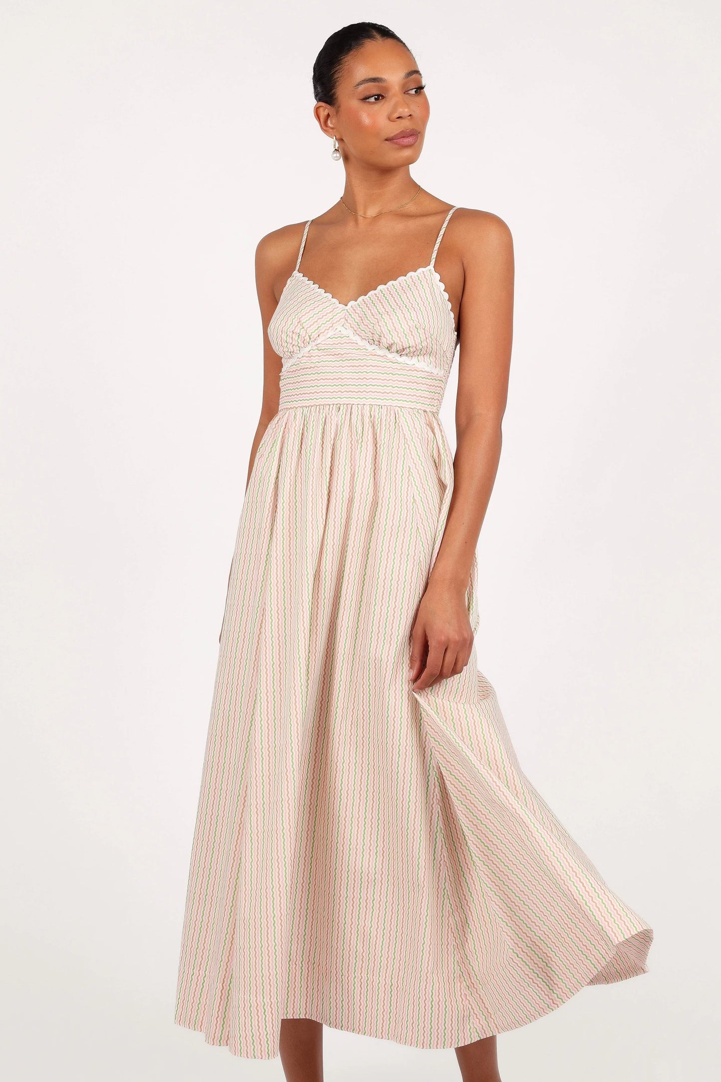 Embroidered Overlay Shirred-Back Midi Dress