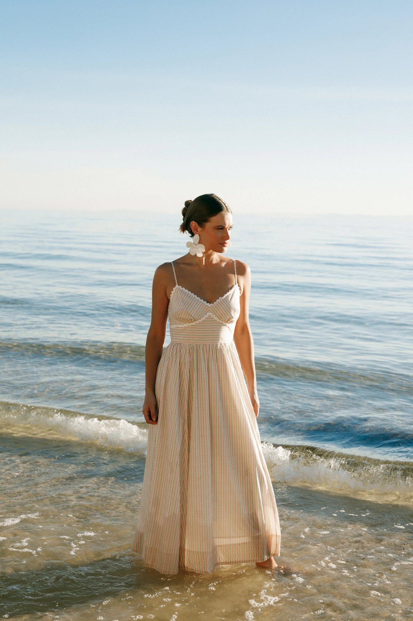 Embroidered Overlay Shirred-Back Midi Dress