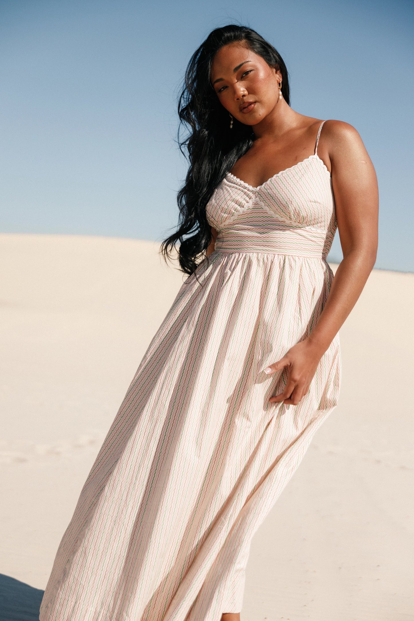 Embroidered Overlay Shirred-Back Midi Dress