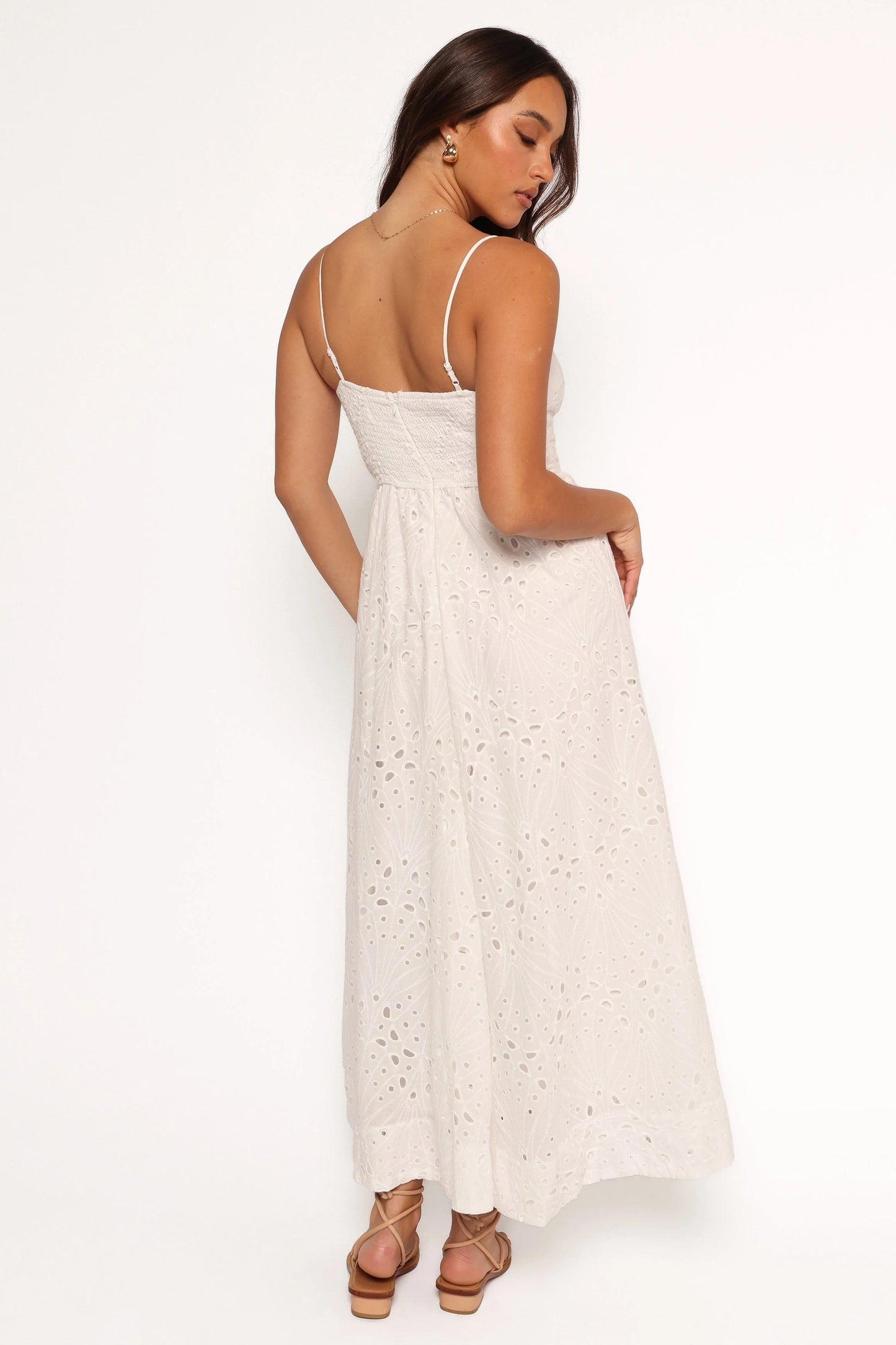 Embroidered Overlay Shirred-Back Midi Dress