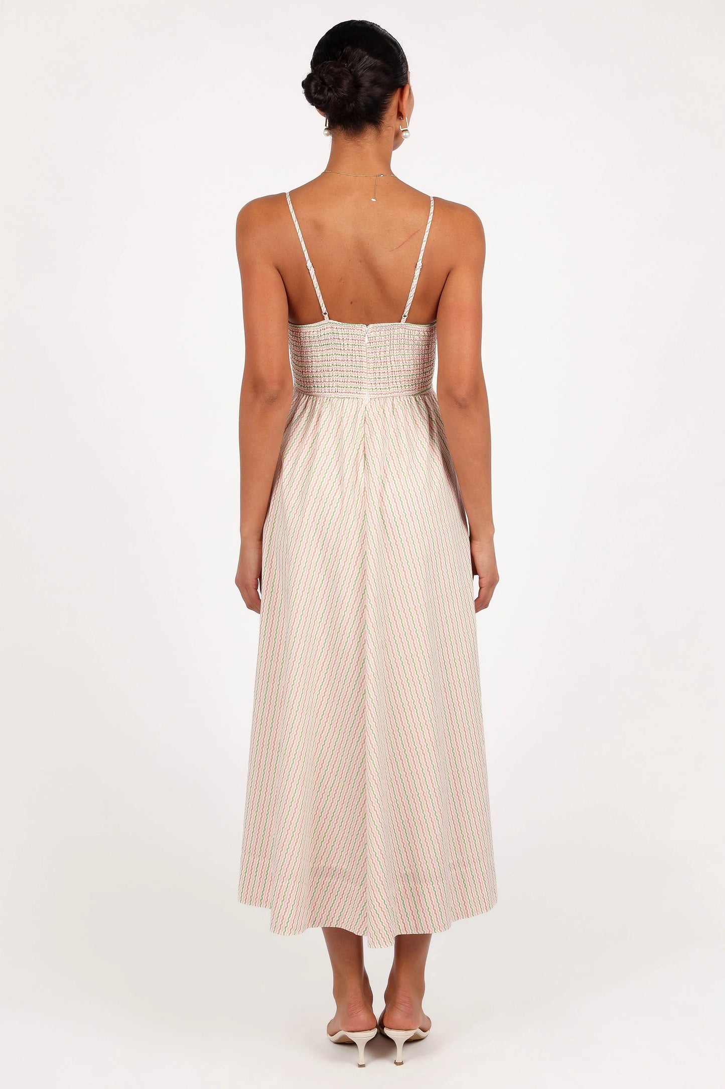 Embroidered Overlay Shirred-Back Midi Dress