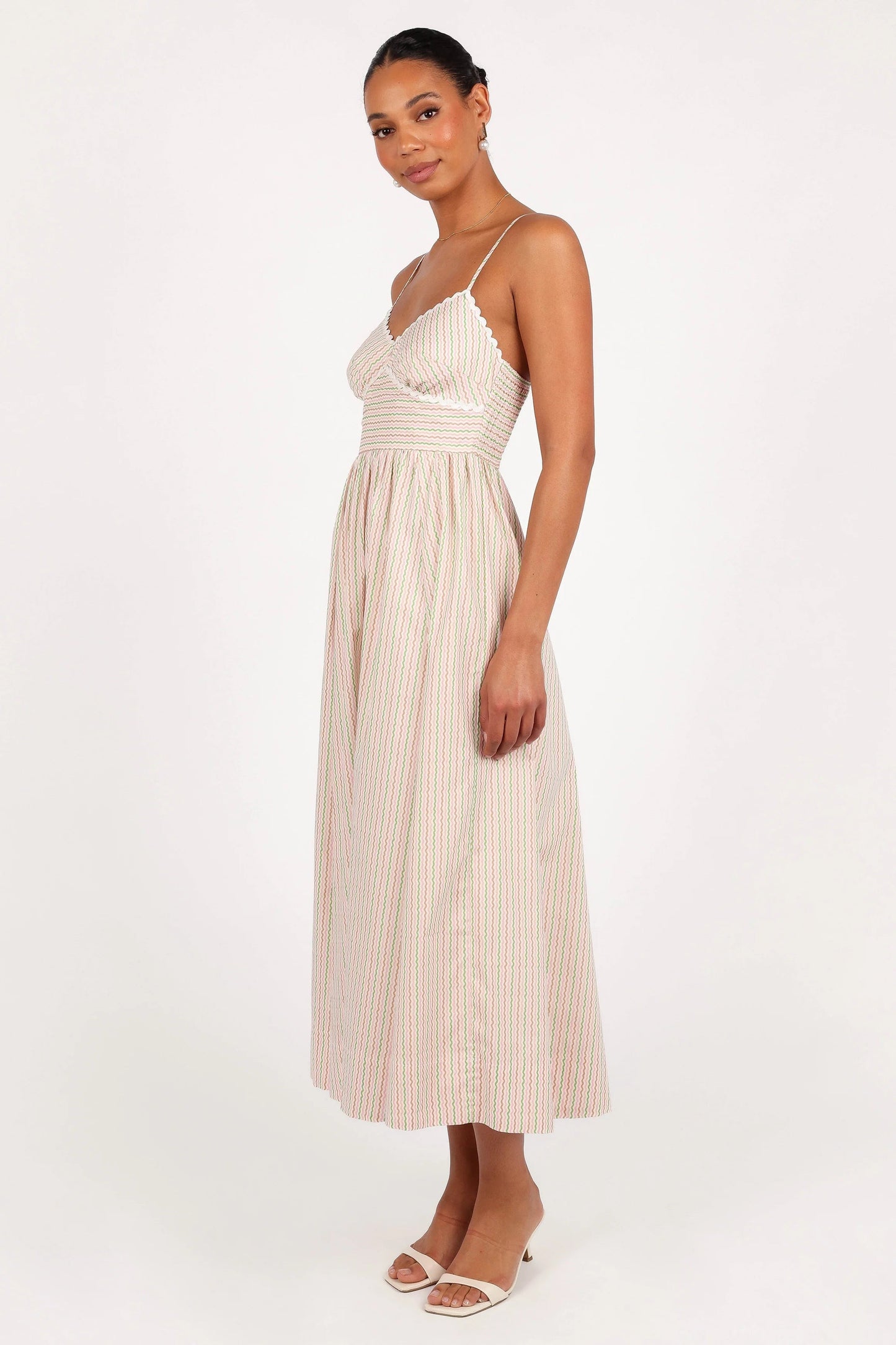 Embroidered Overlay Shirred-Back Midi Dress