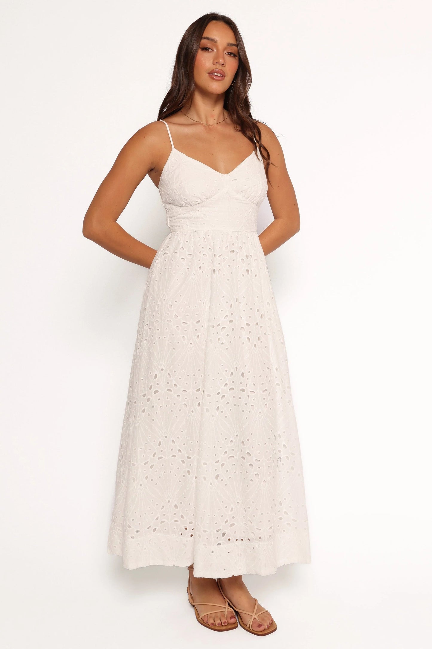 Embroidered Overlay Shirred-Back Midi Dress