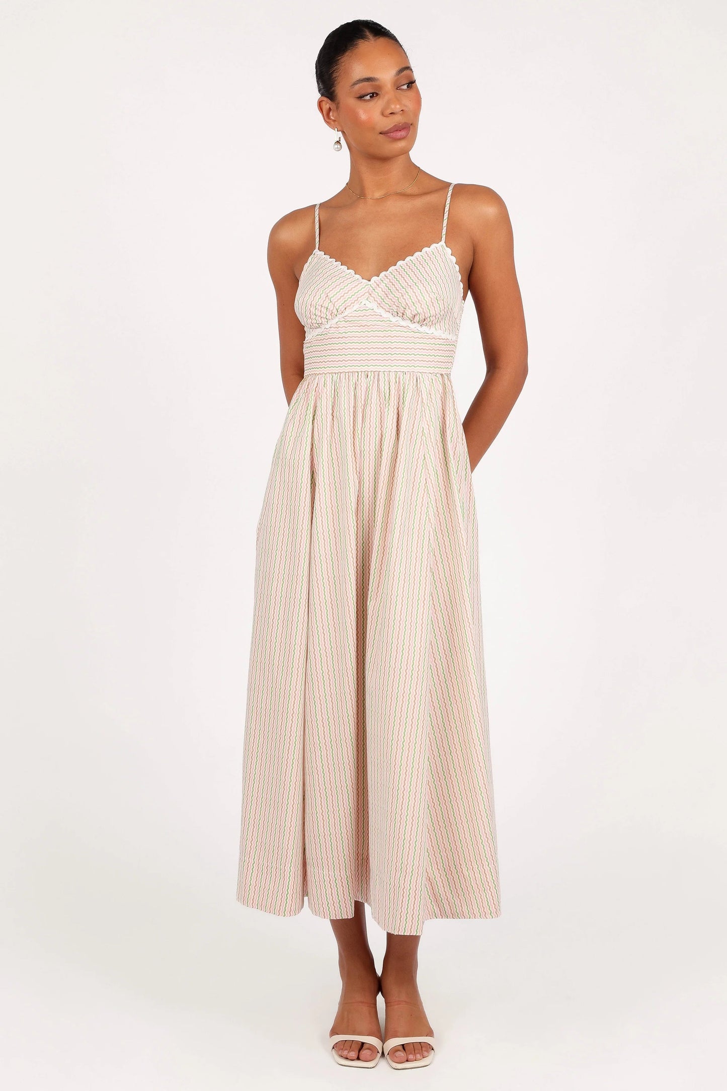 Embroidered Overlay Shirred-Back Midi Dress