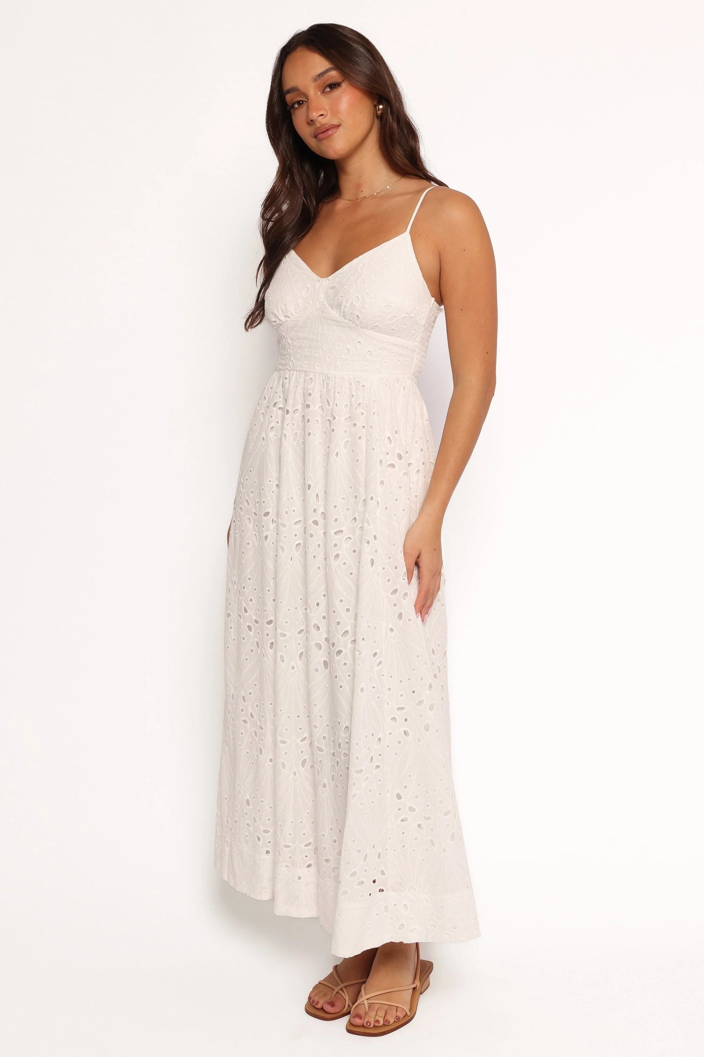 Embroidered Overlay Shirred-Back Midi Dress