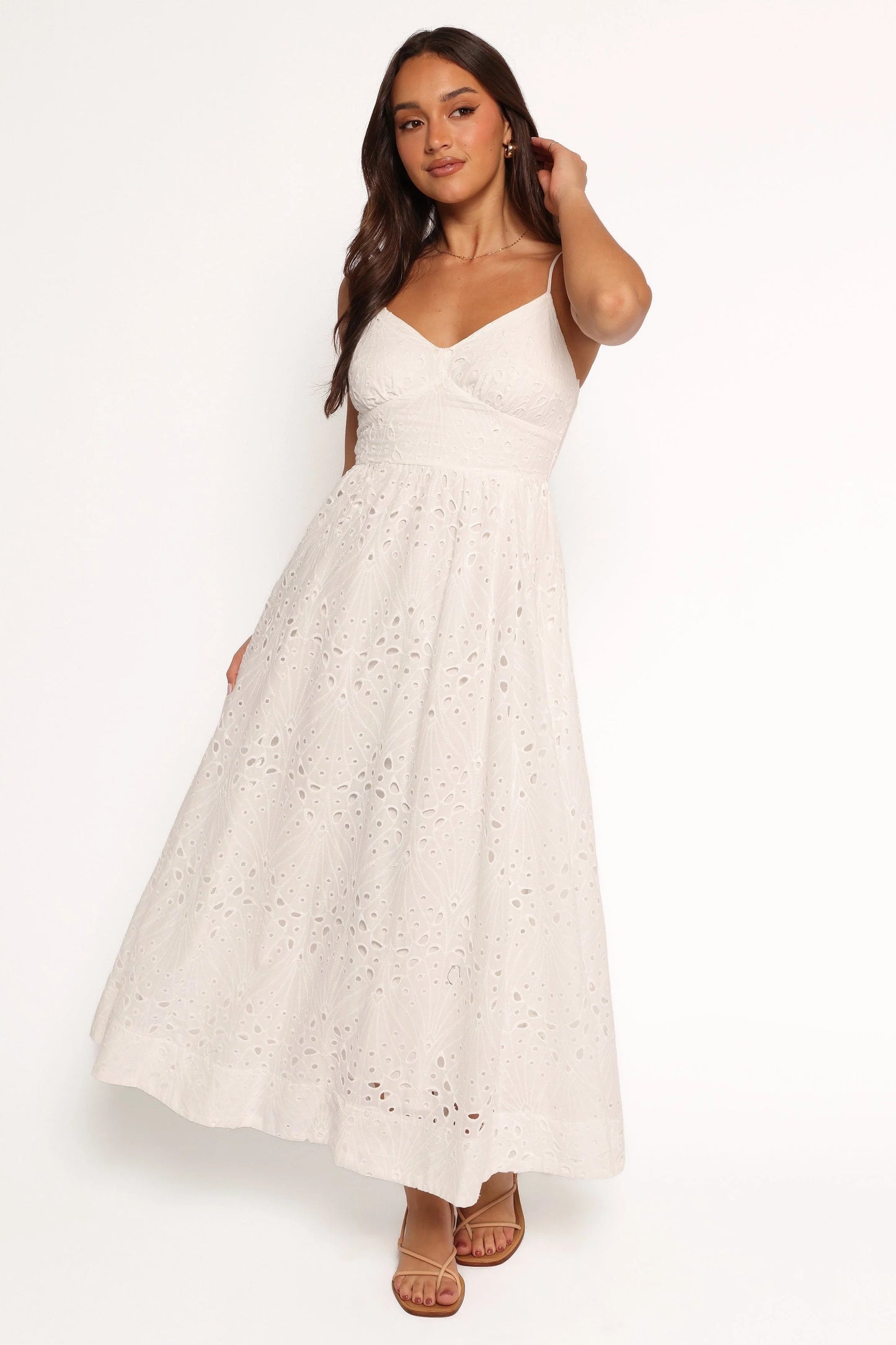 Embroidered Overlay Shirred-Back Midi Dress