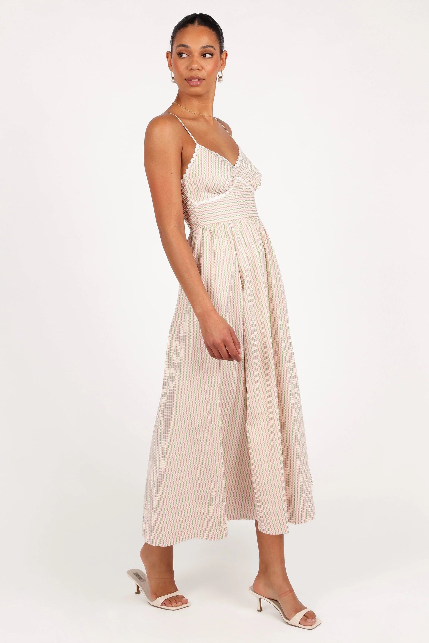 Embroidered Overlay Shirred-Back Midi Dress