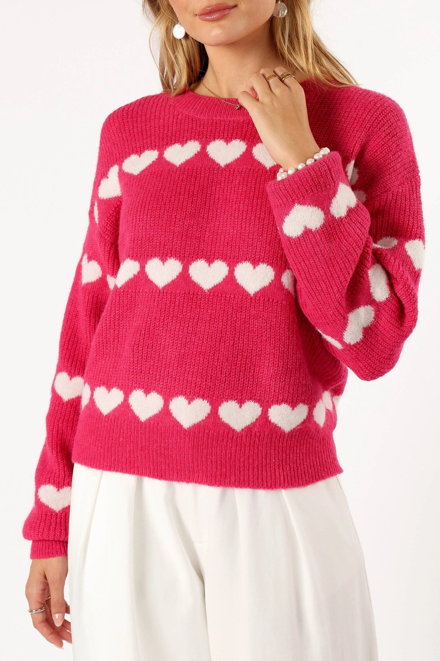 Heart-Stripe Ribbed Knit Sweater