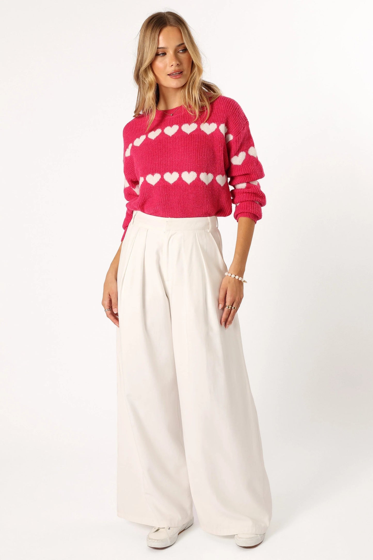 Heart-Stripe Ribbed Knit Sweater