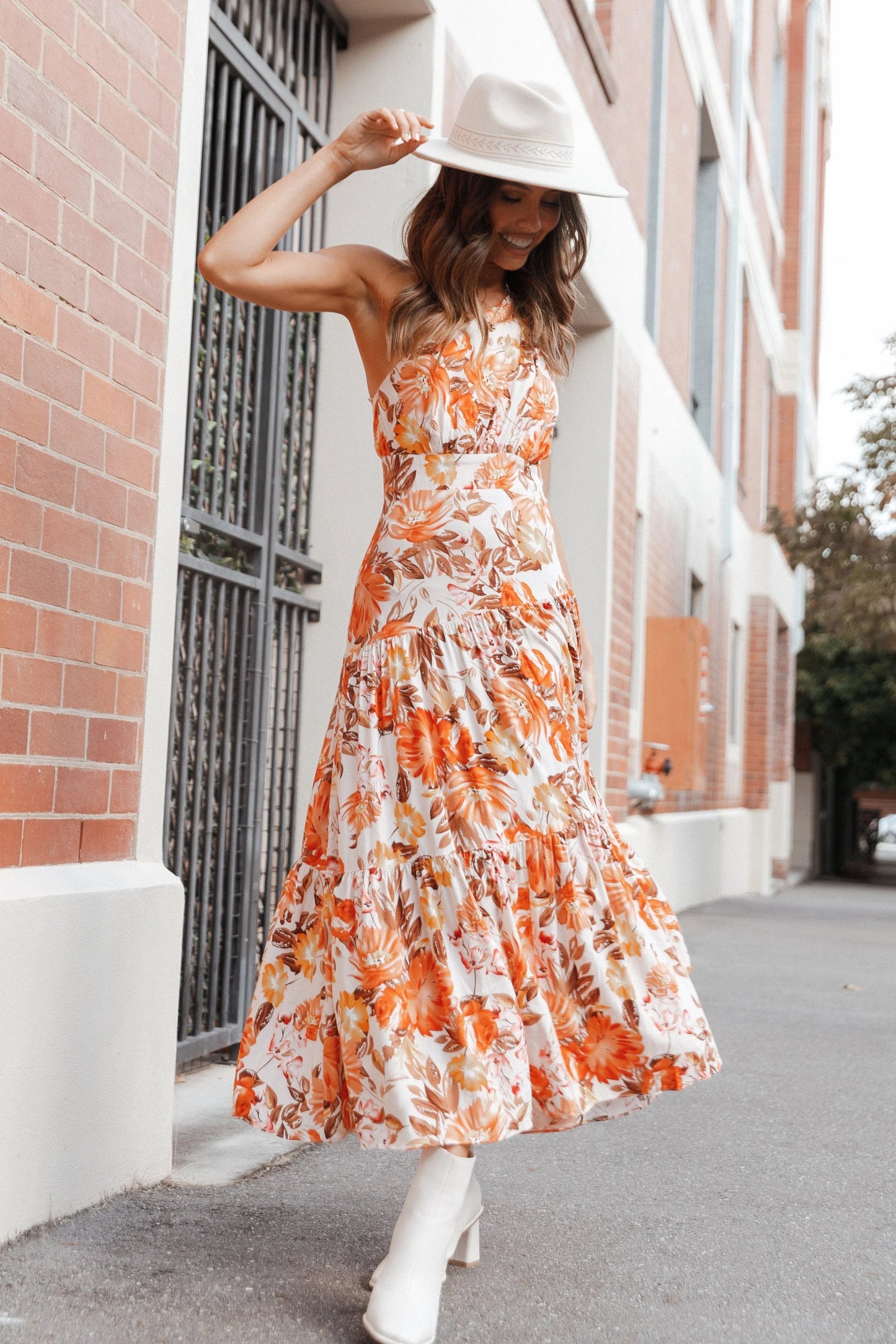 Knot-Shoulder Tiered Floral Maxi Dress