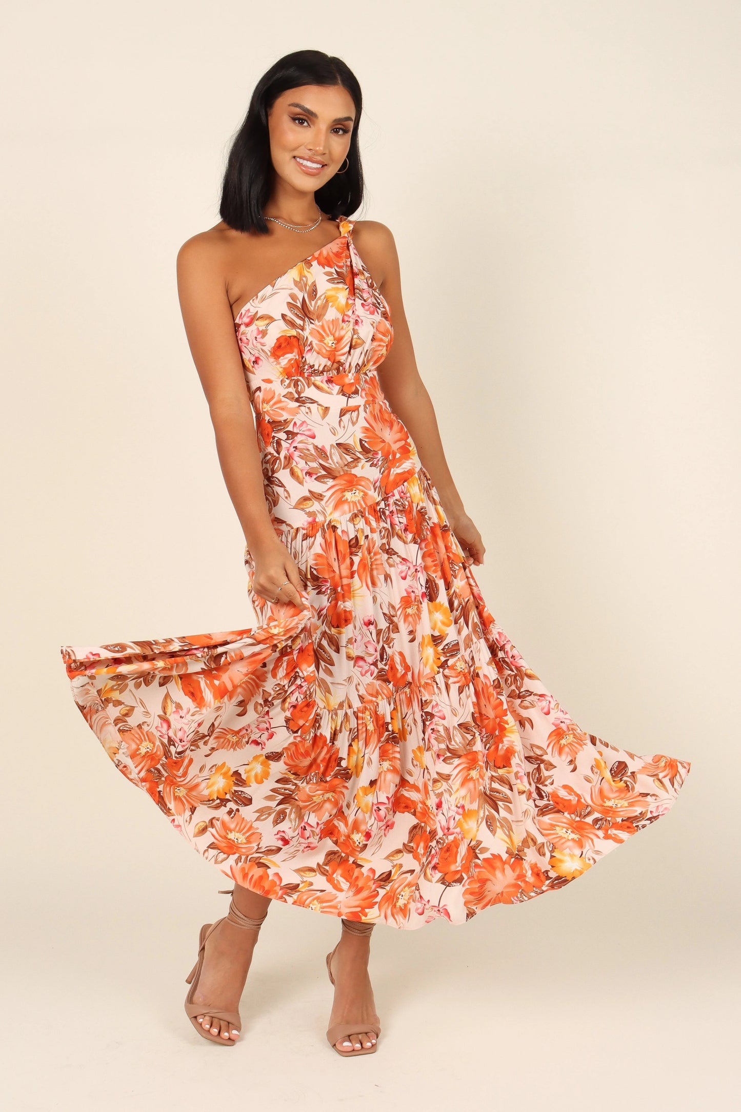 Knot-Shoulder Tiered Floral Maxi Dress