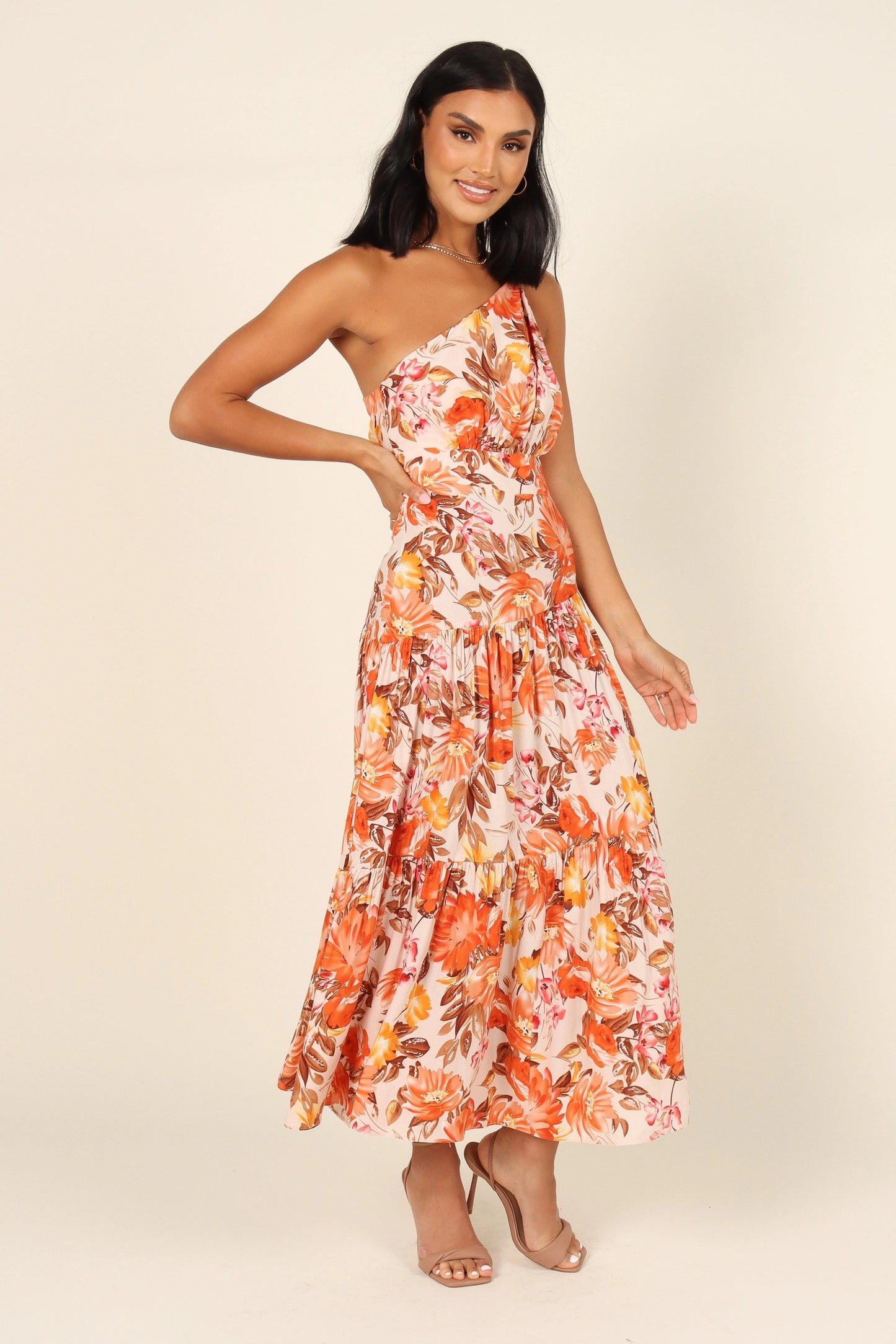 Knot-Shoulder Tiered Floral Maxi Dress