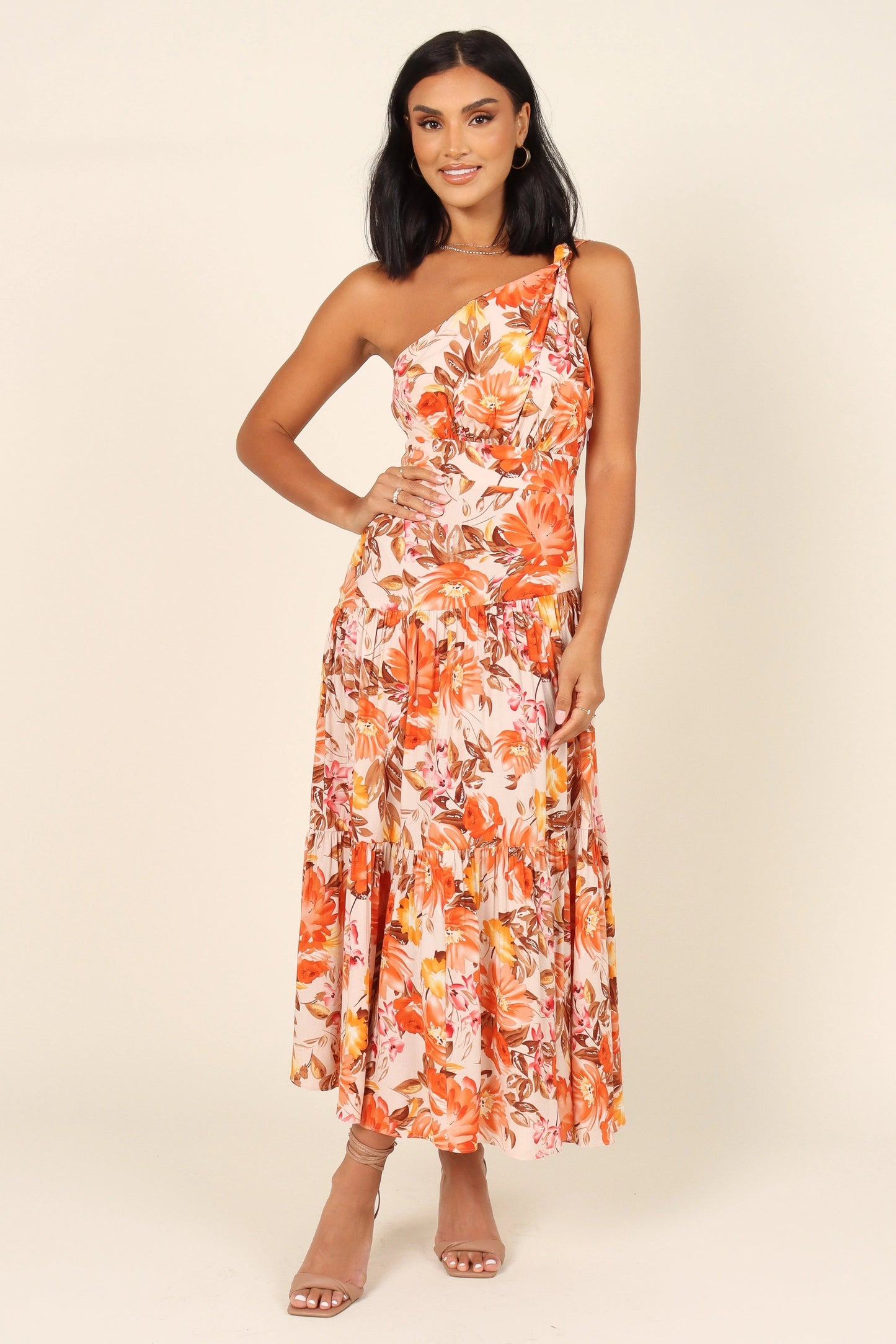 Knot-Shoulder Tiered Floral Maxi Dress