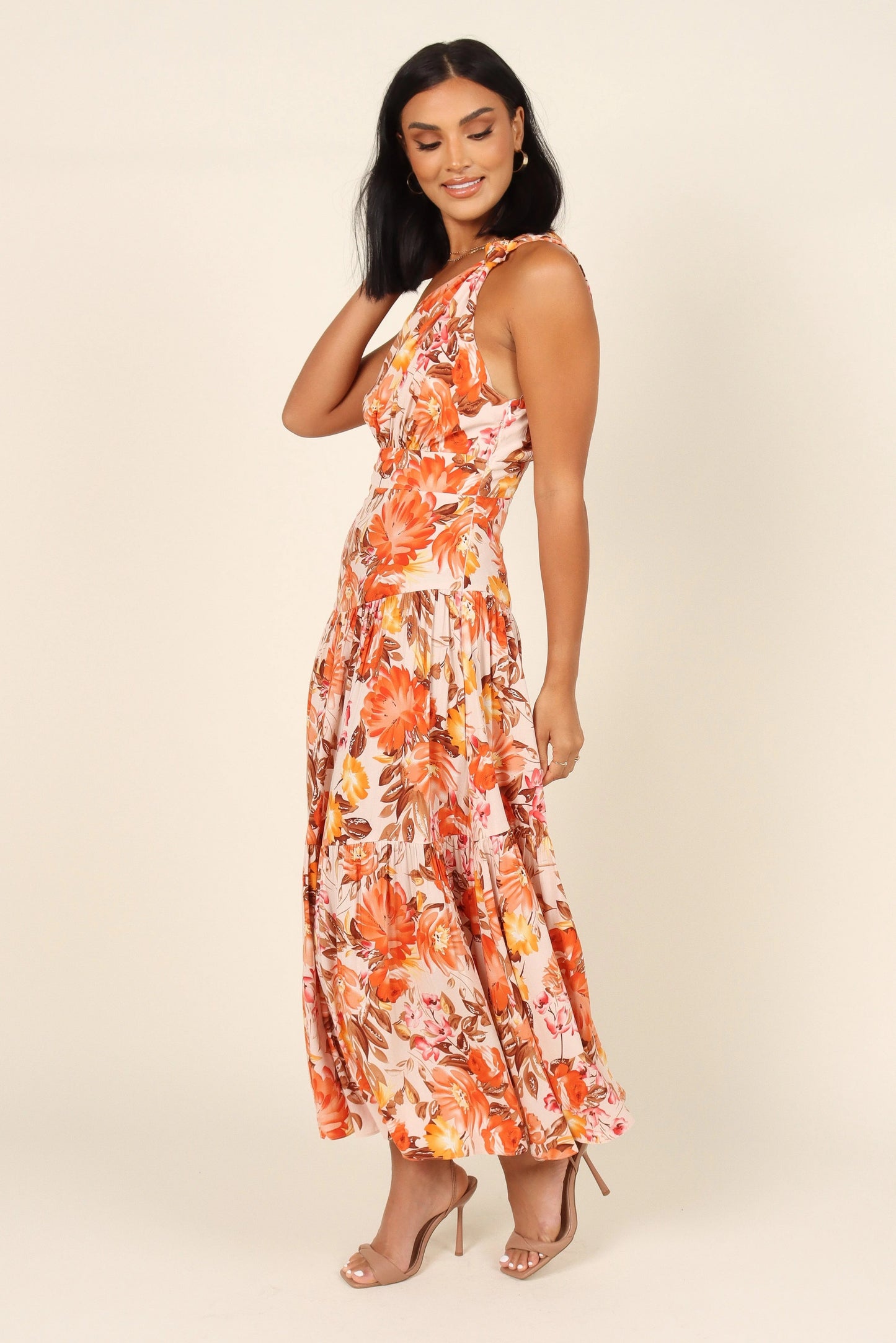 Knot-Shoulder Tiered Floral Maxi Dress