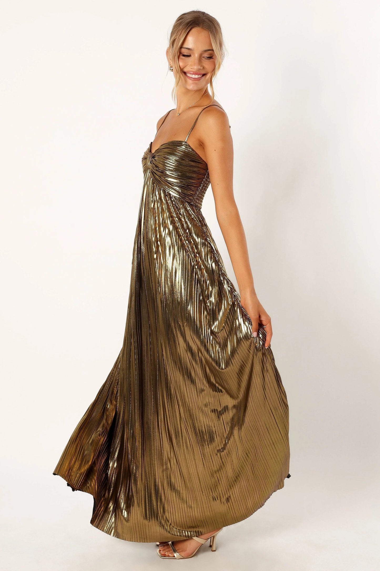 Metallic Pleated Sweetheart Maxi Dress