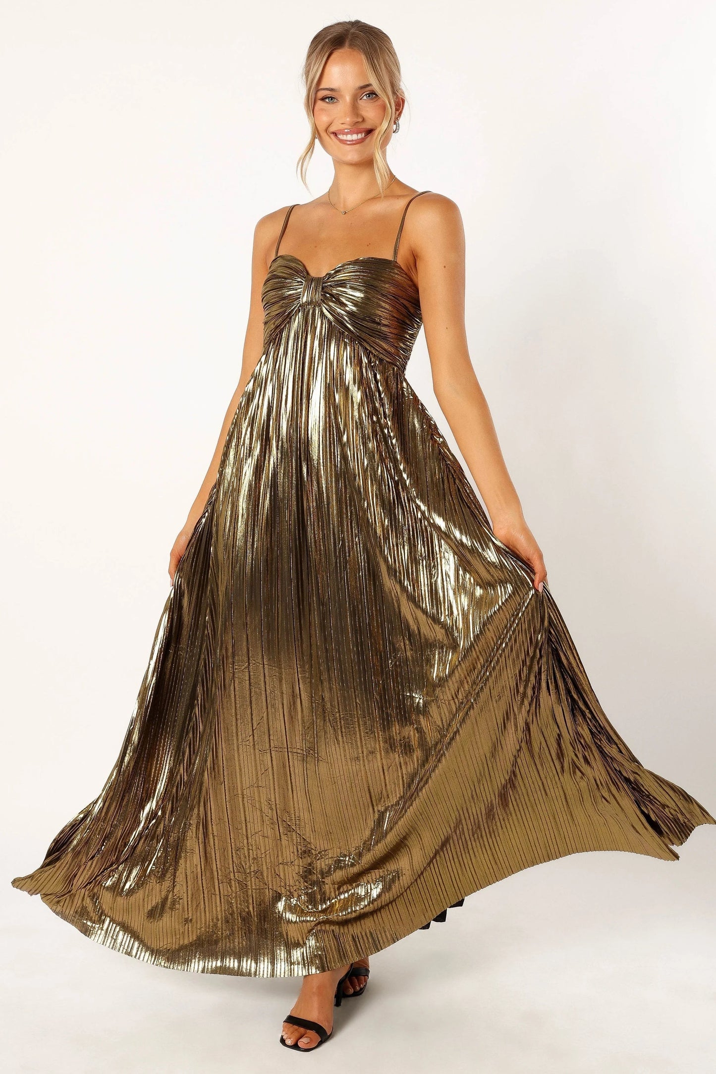 Metallic Pleated Sweetheart Maxi Dress