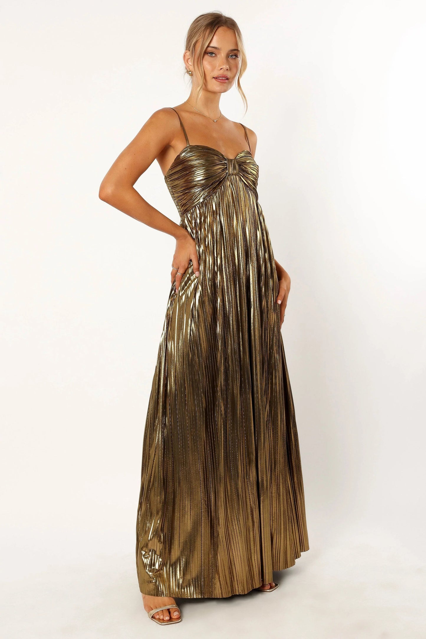 Metallic Pleated Sweetheart Maxi Dress