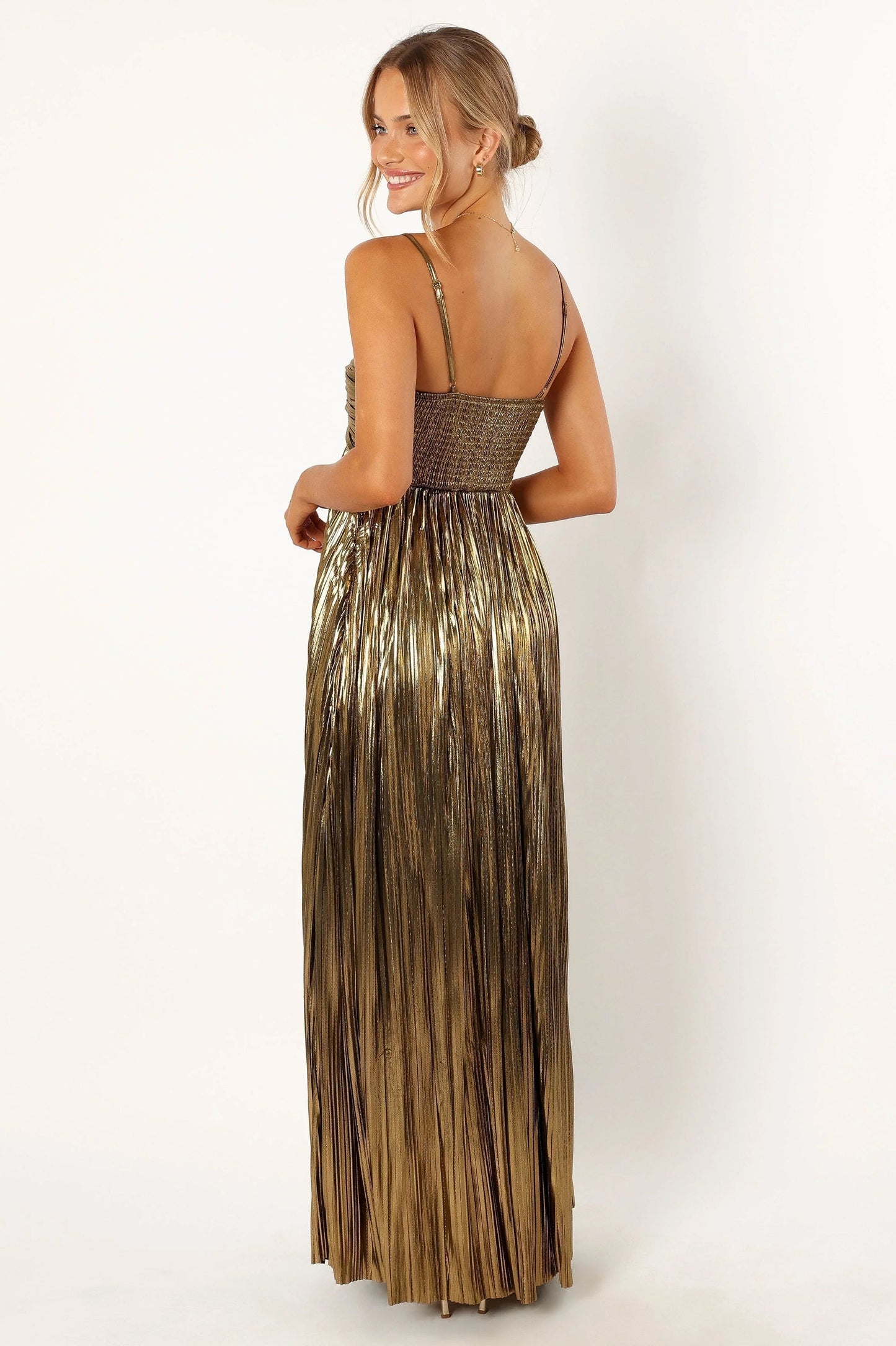 Metallic Pleated Sweetheart Maxi Dress