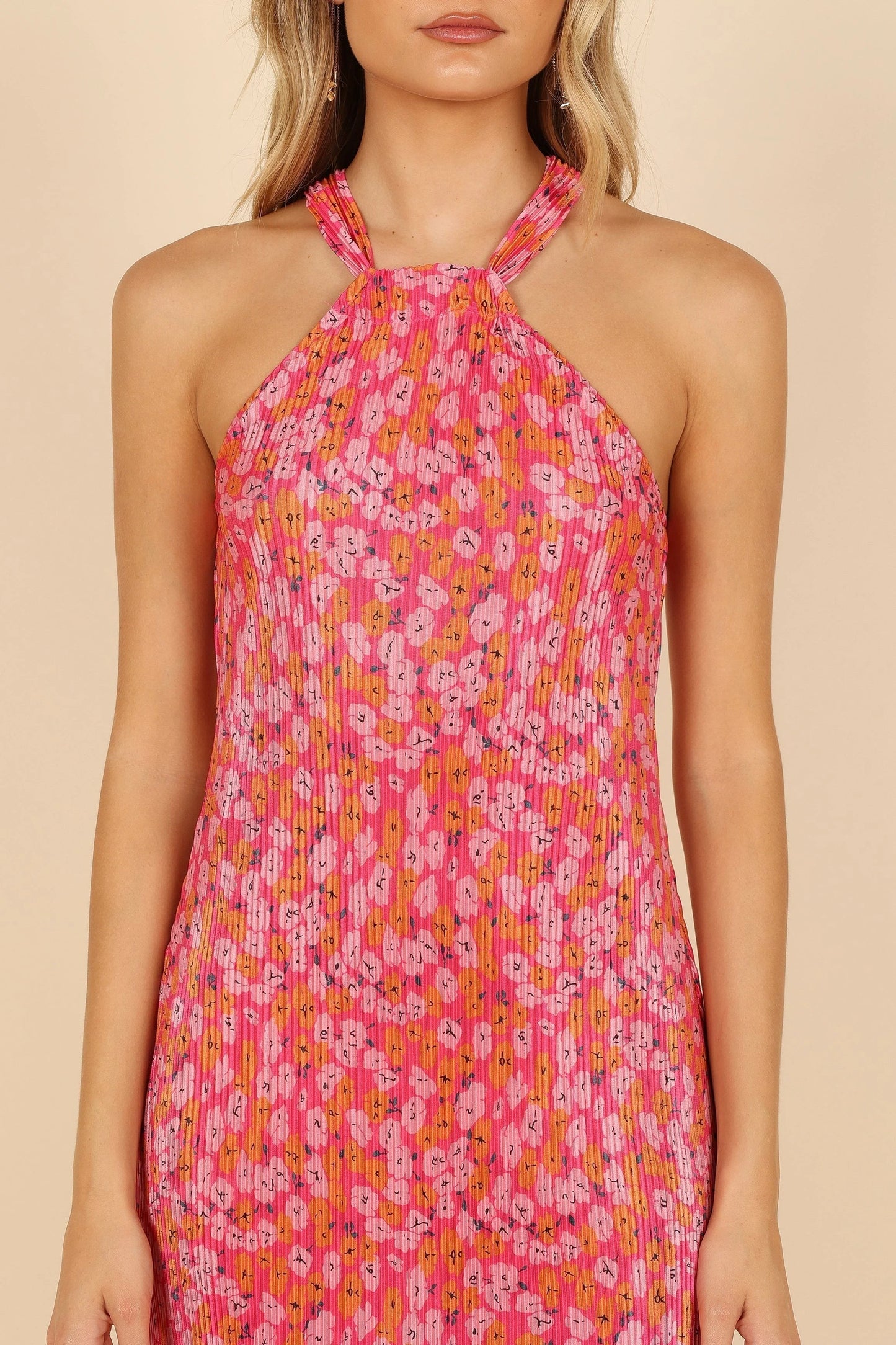 Plissé Halter Slip Satin Mini Dress