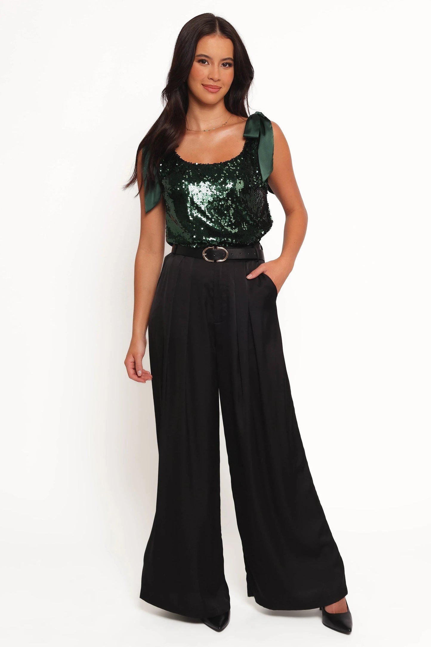 Sequin Scoop-Neck Satin Crop Top