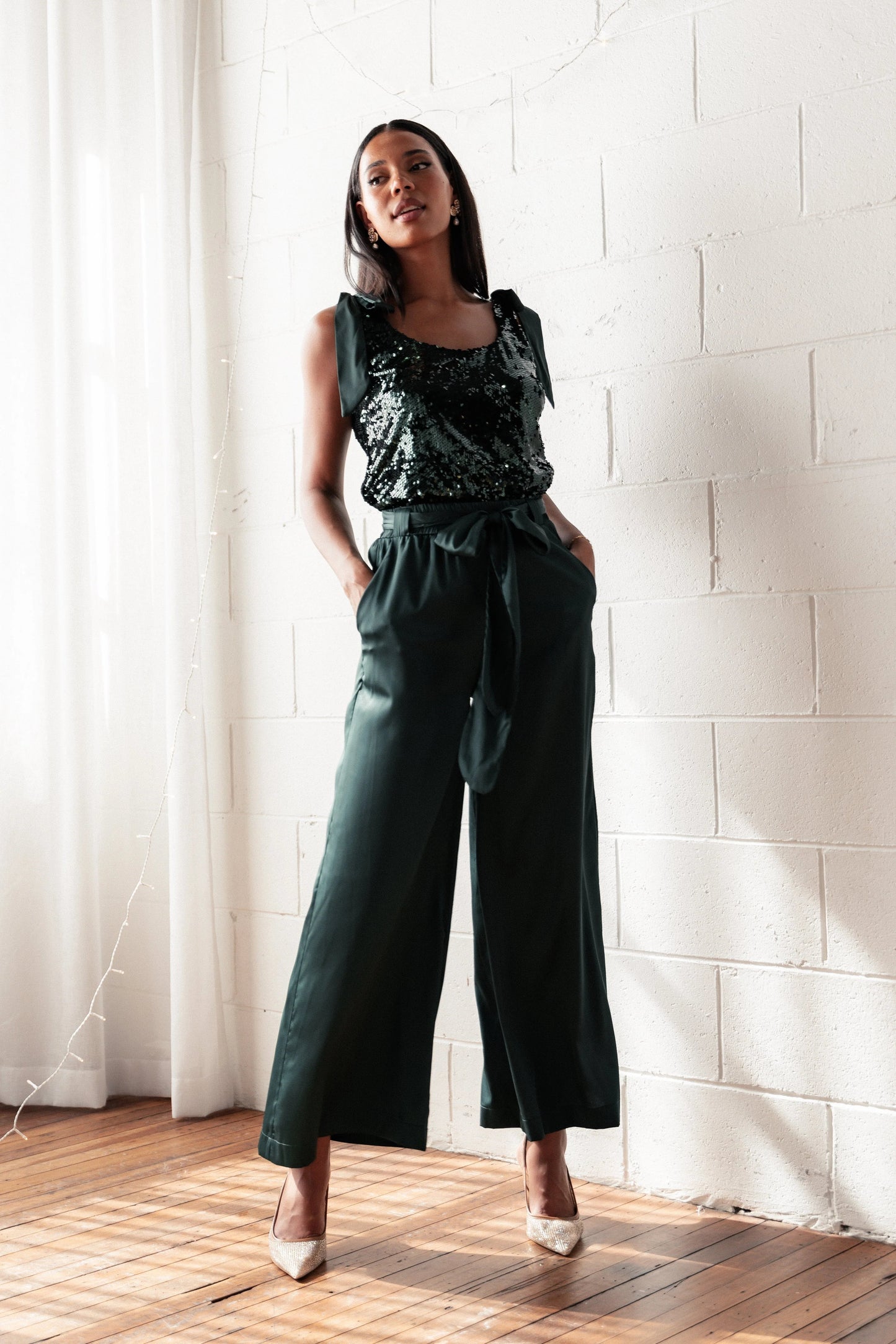 Sequin Scoop-Neck Satin Crop Top