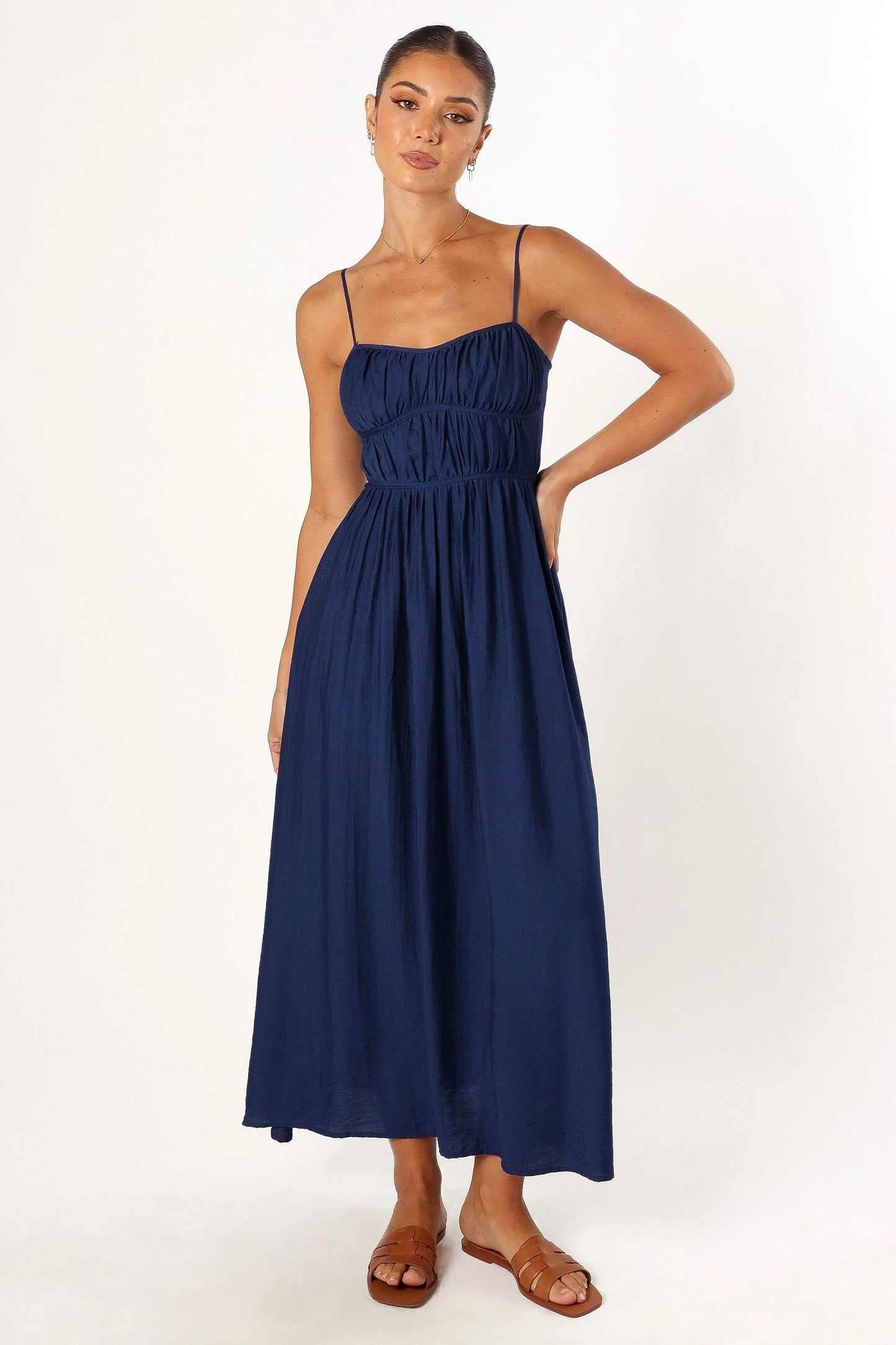 Shirred Sweetheart Pull-On Midi Dress