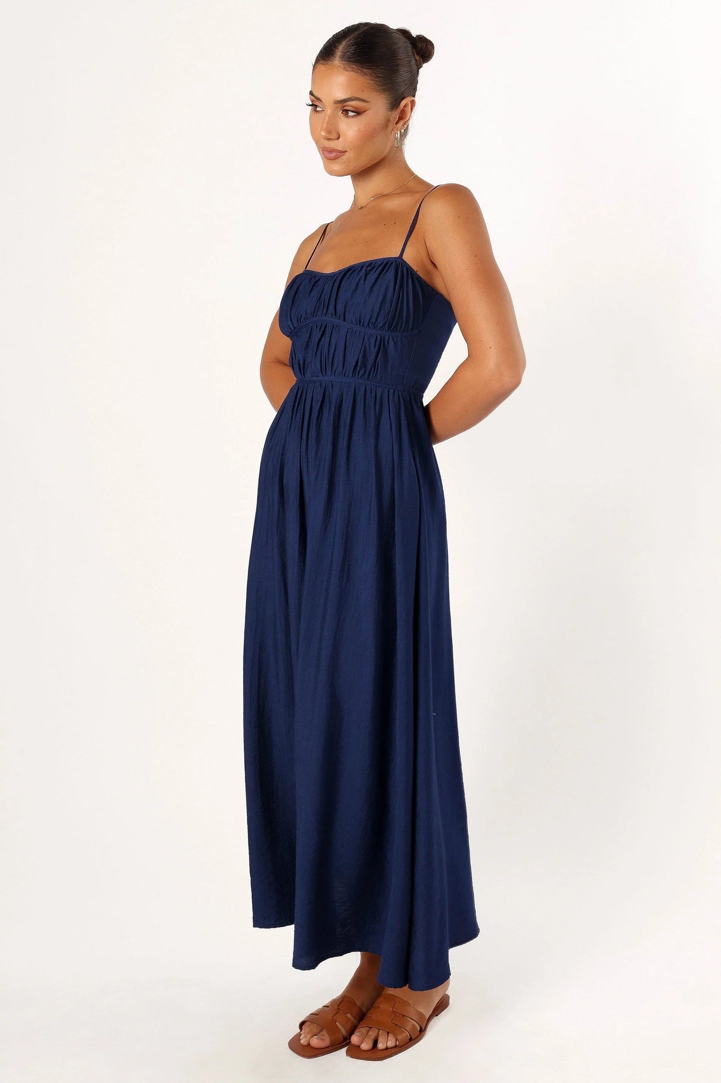 Shirred Sweetheart Pull-On Midi Dress