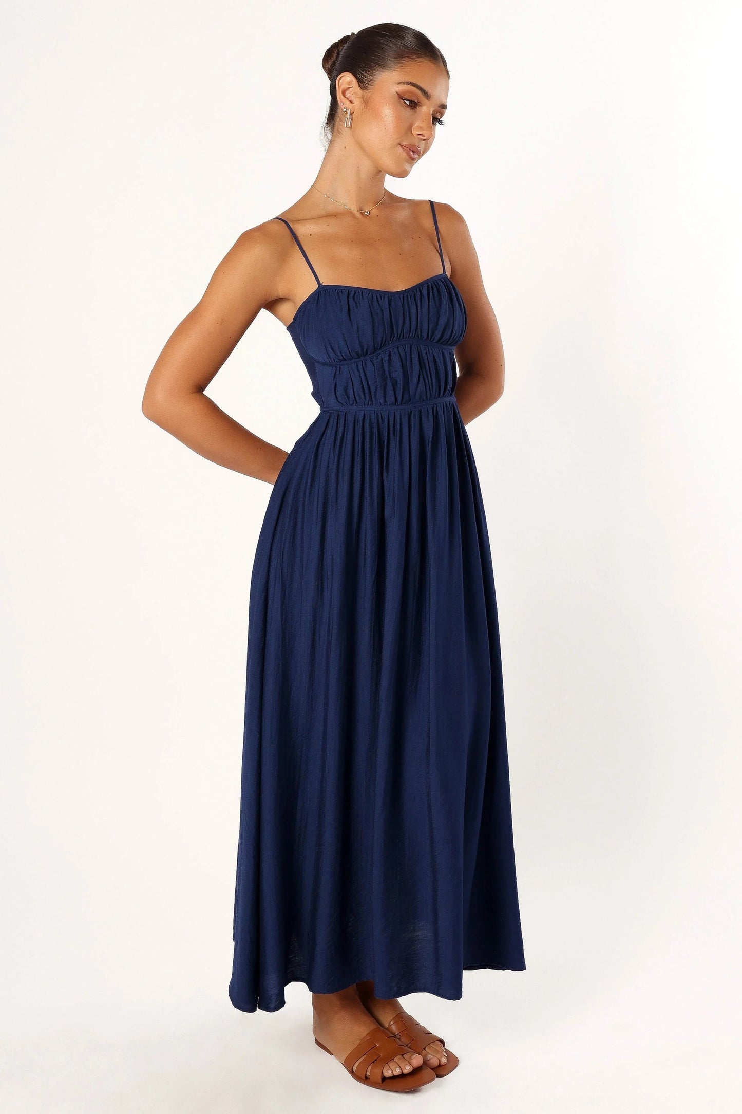 Shirred Sweetheart Pull-On Midi Dress