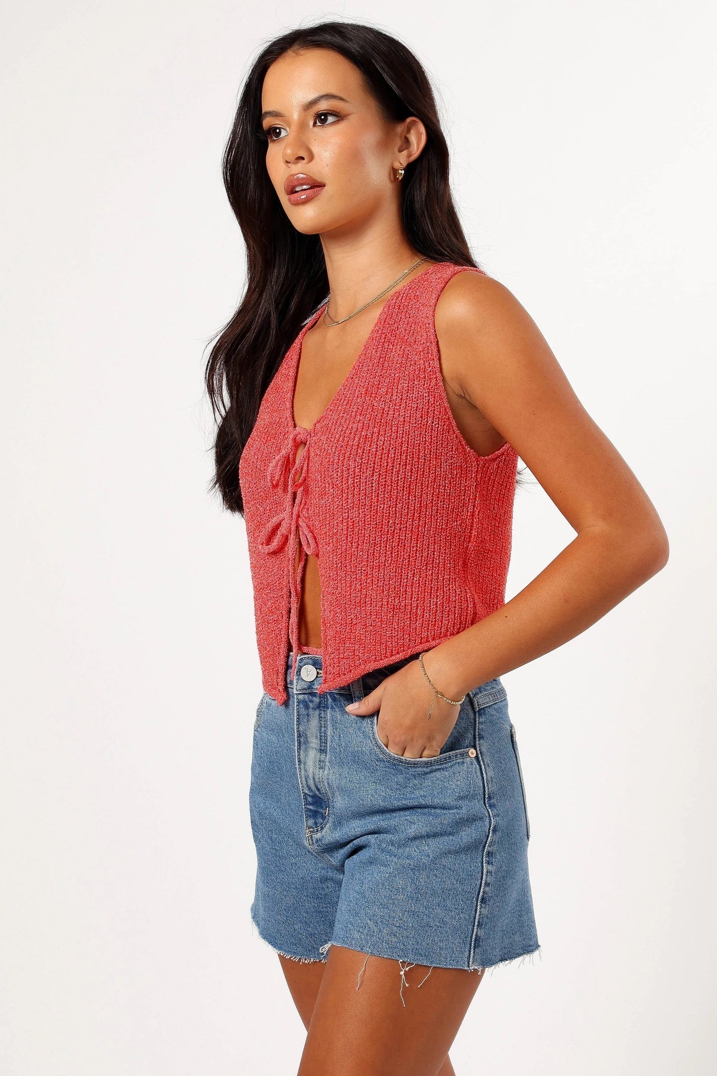 Tie-Close Cropped Knit V-Neck Top