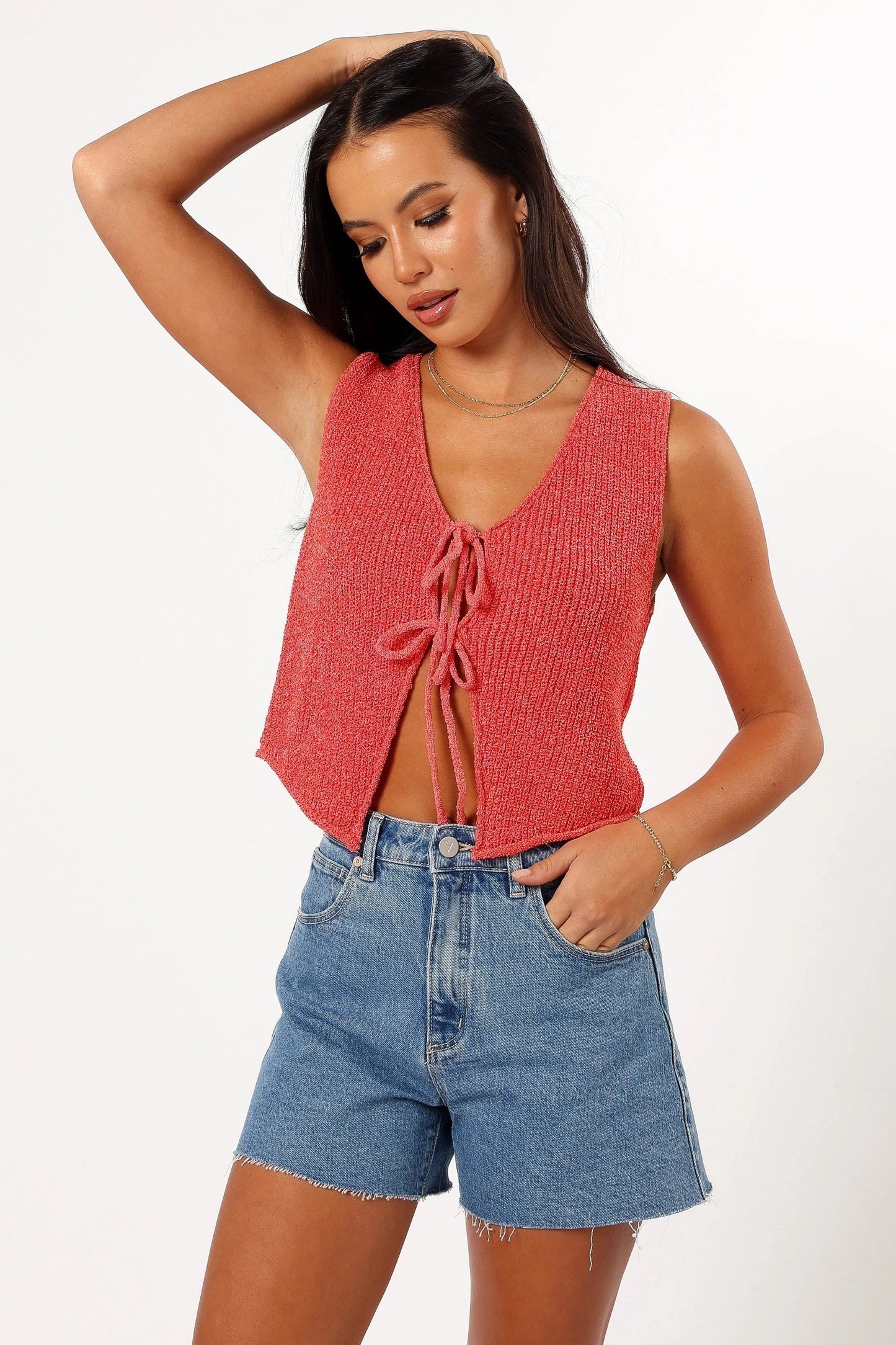Tie-Close Cropped Knit V-Neck Top