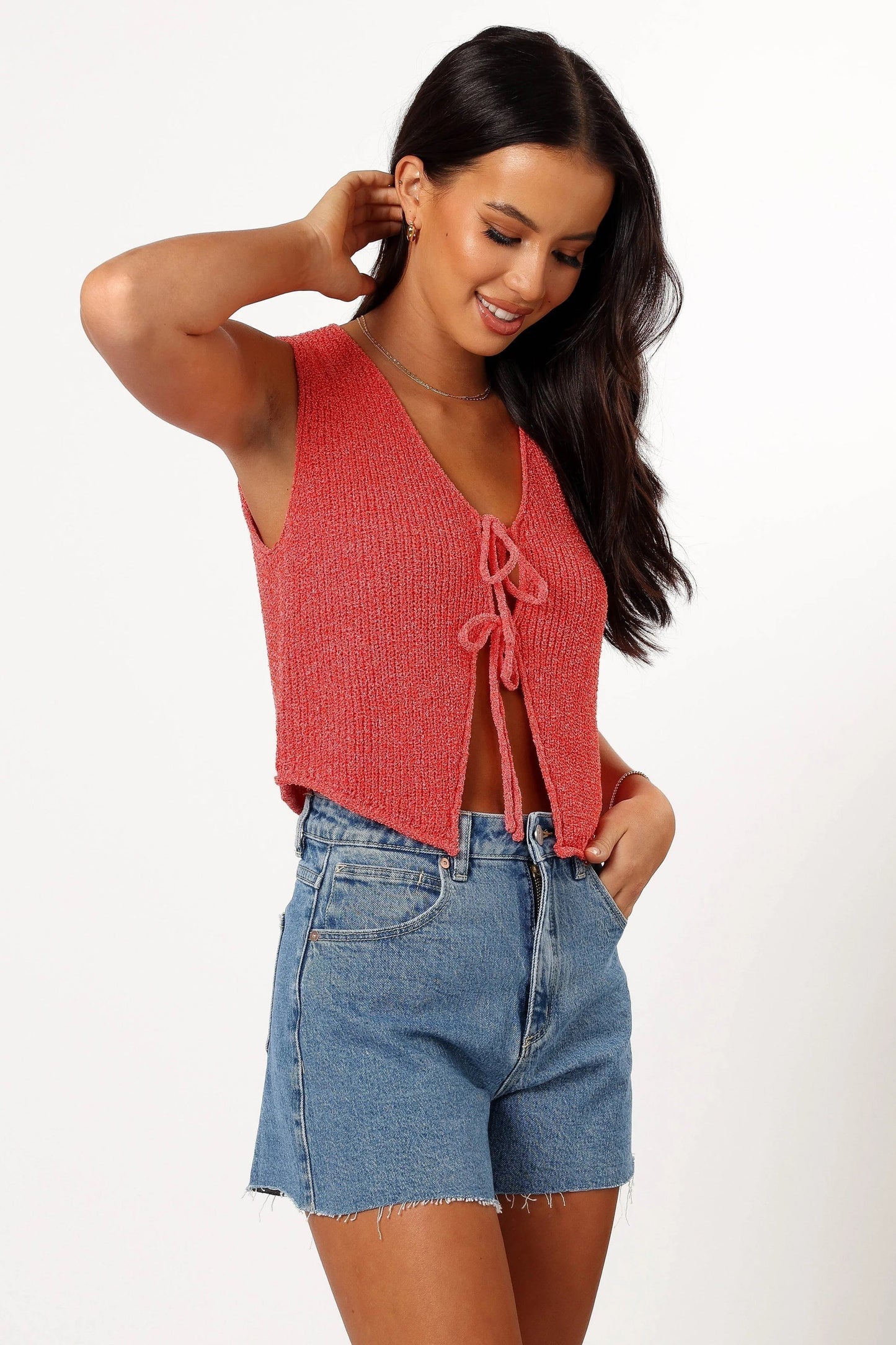 Tie-Close Cropped Knit V-Neck Top