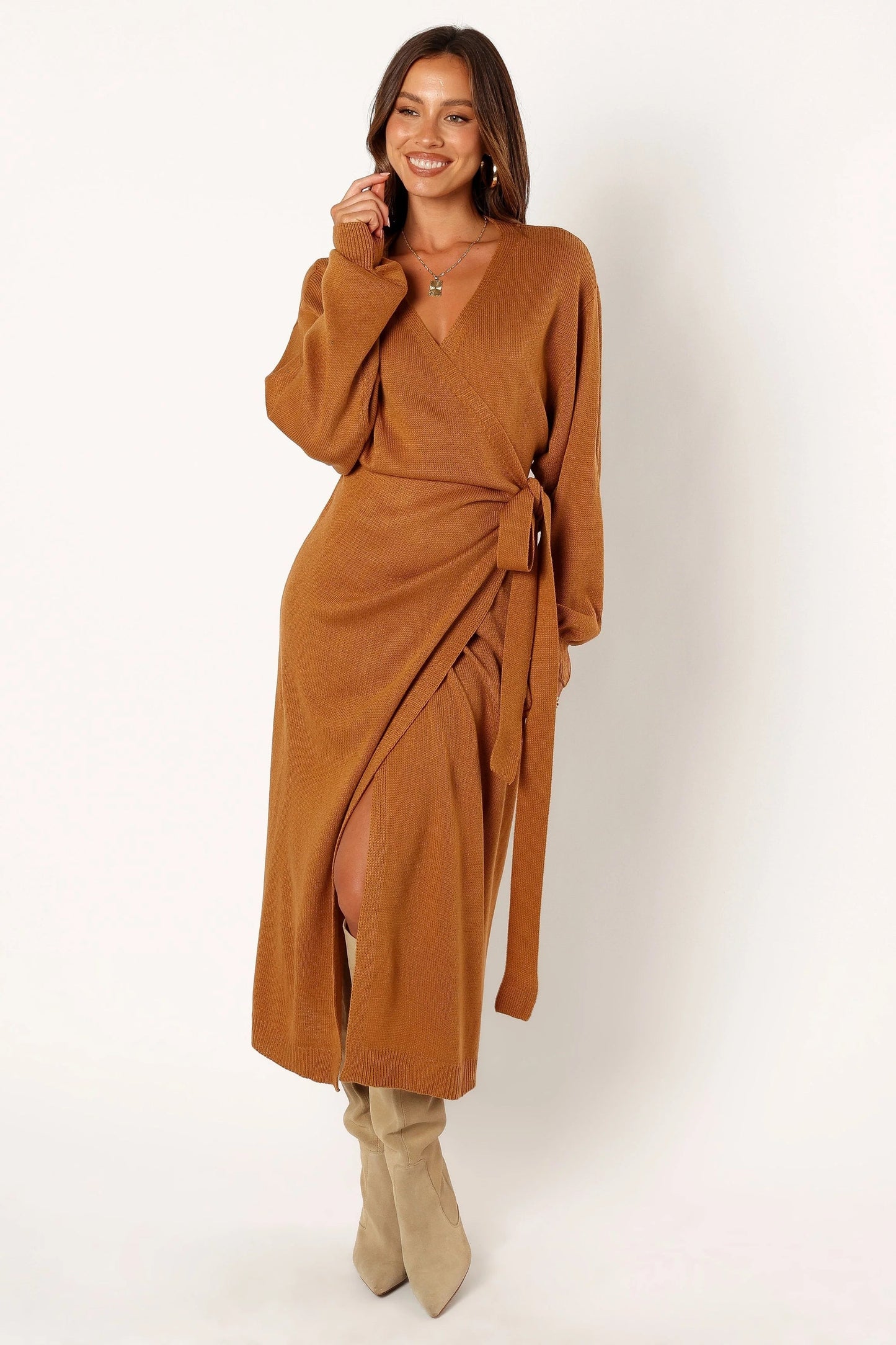 Wrap-Front Knit V-Neck Midi Dress