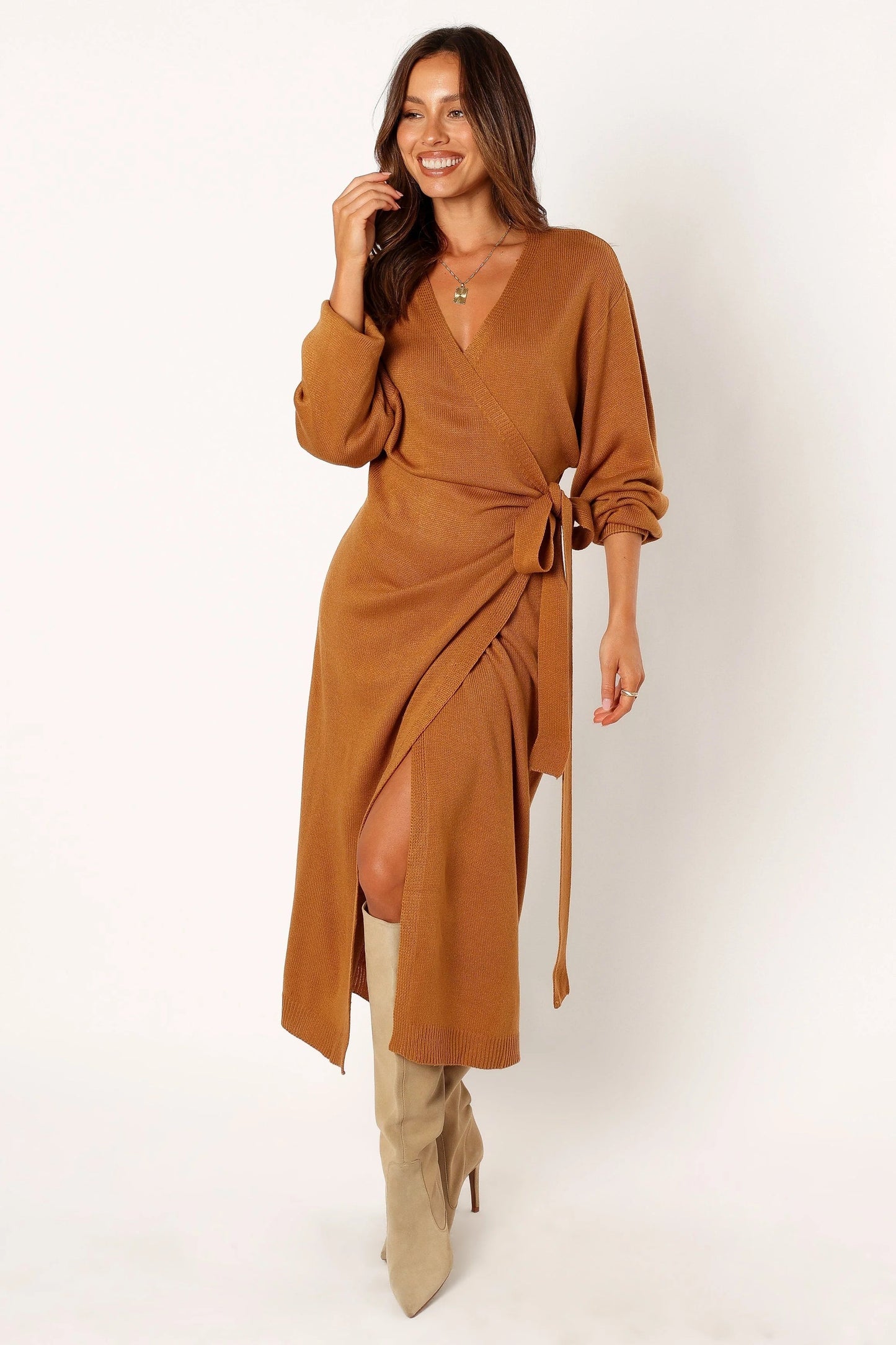 Wrap-Front Knit V-Neck Midi Dress