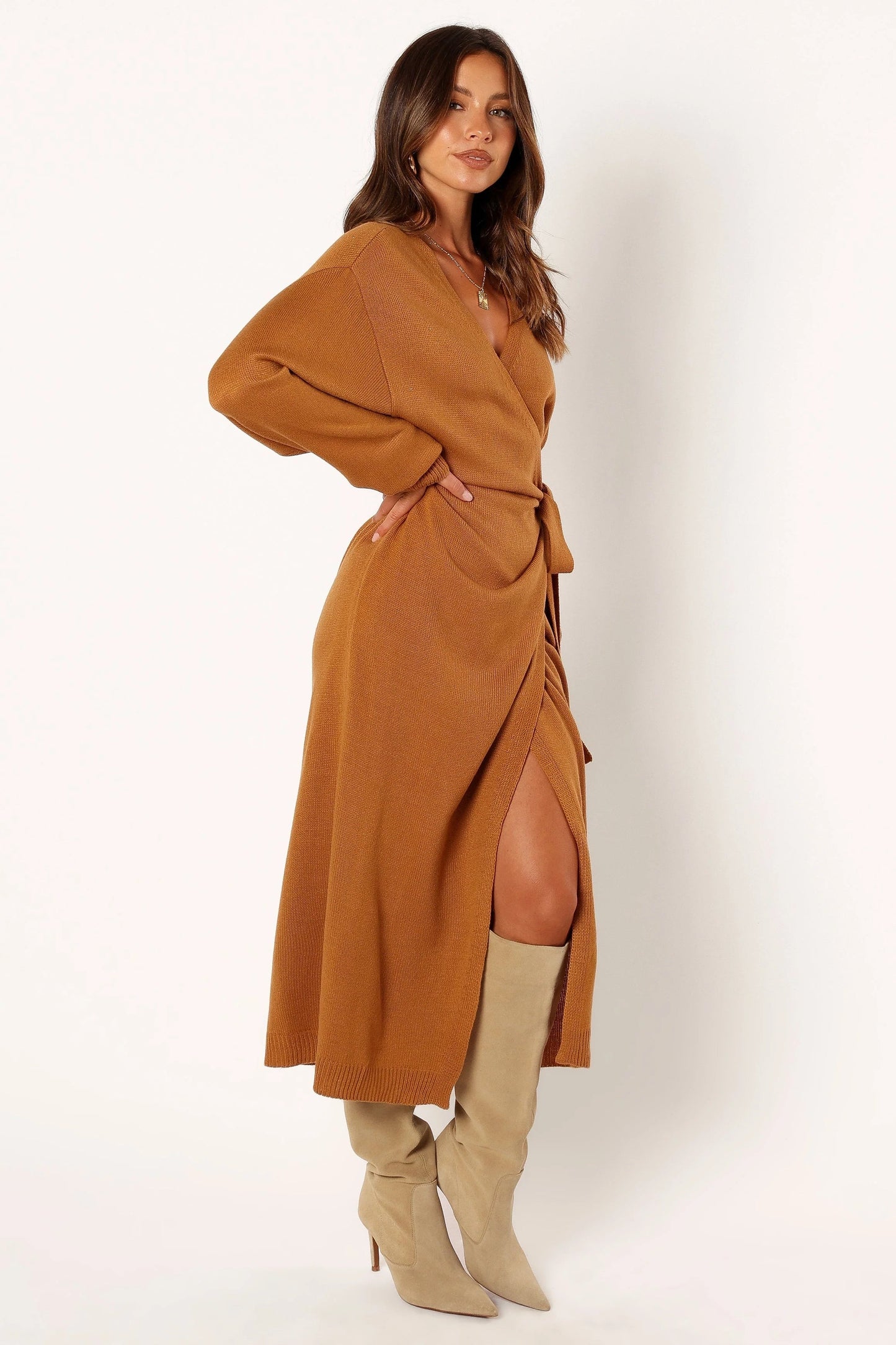 Wrap-Front Knit V-Neck Midi Dress