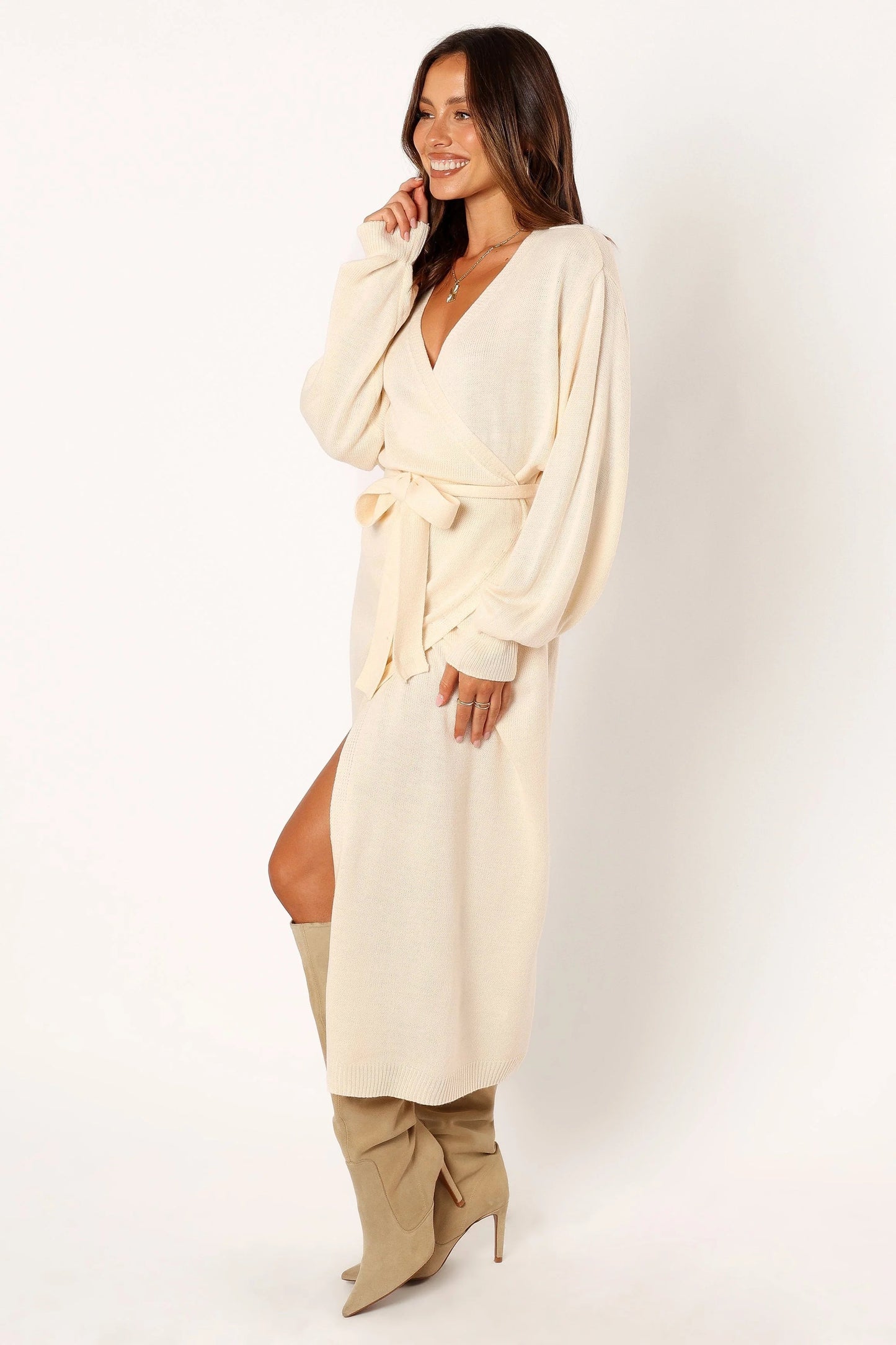 Wrap-Front Knit V-Neck Midi Dress
