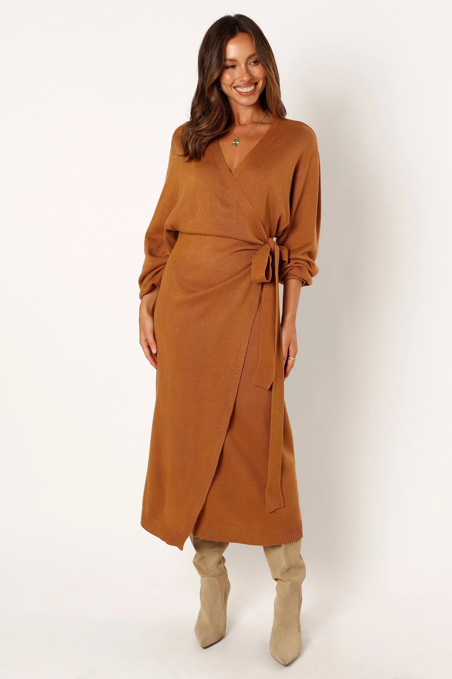 Wrap-Front Knit V-Neck Midi Dress