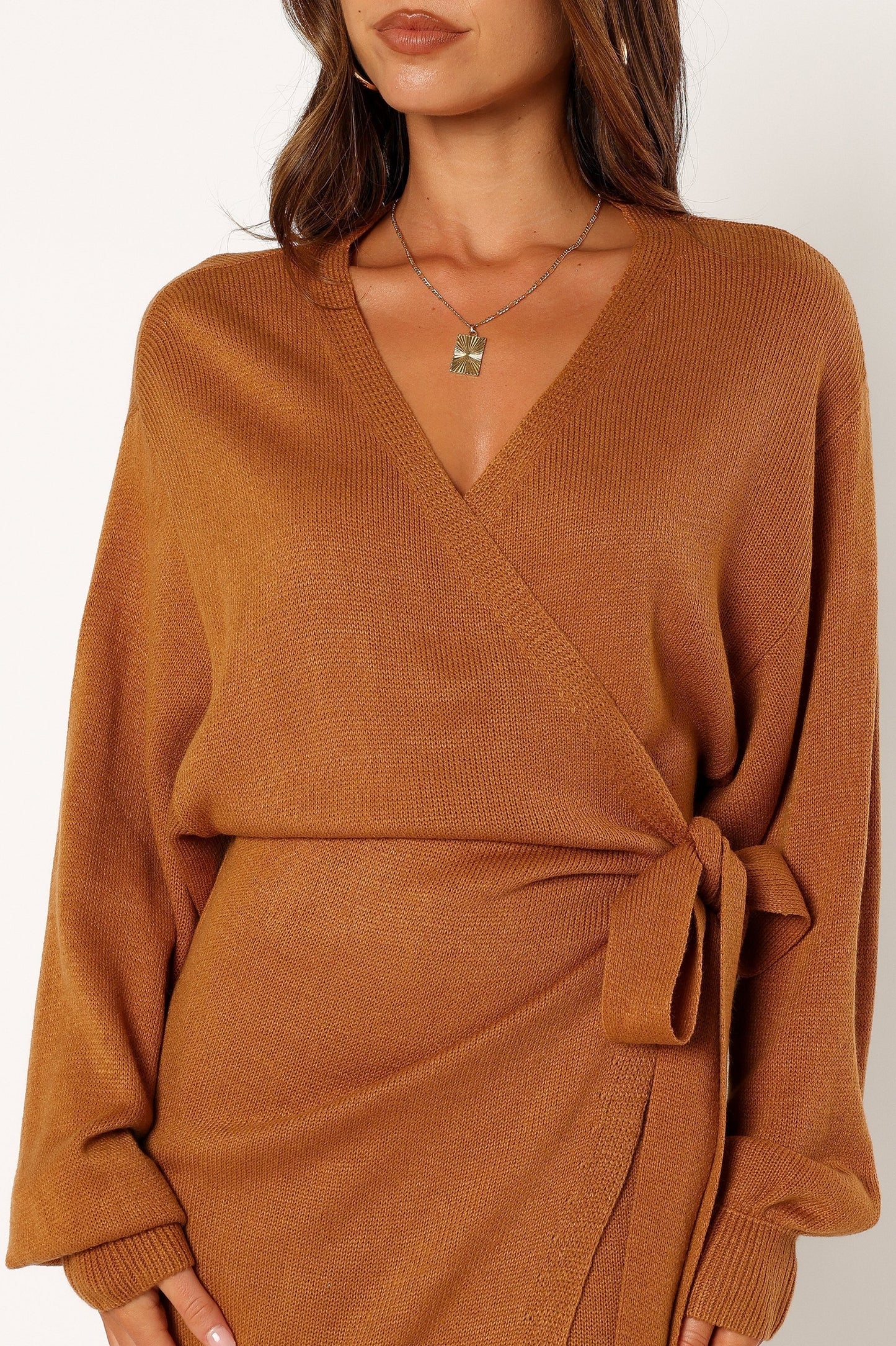 Wrap-Front Knit V-Neck Midi Dress