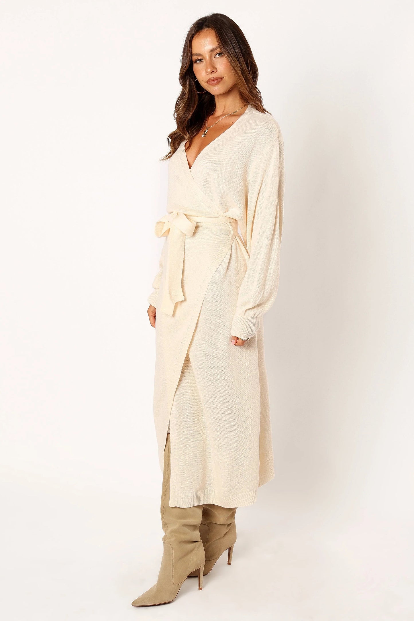 Wrap-Front Knit V-Neck Midi Dress