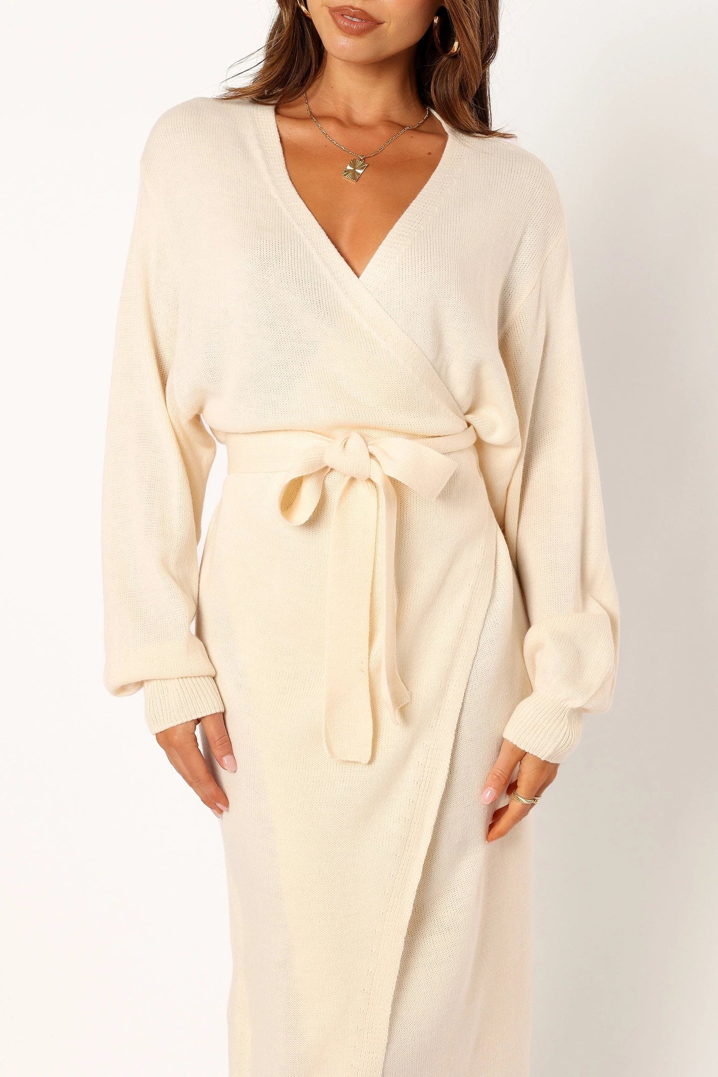Wrap-Front Knit V-Neck Midi Dress