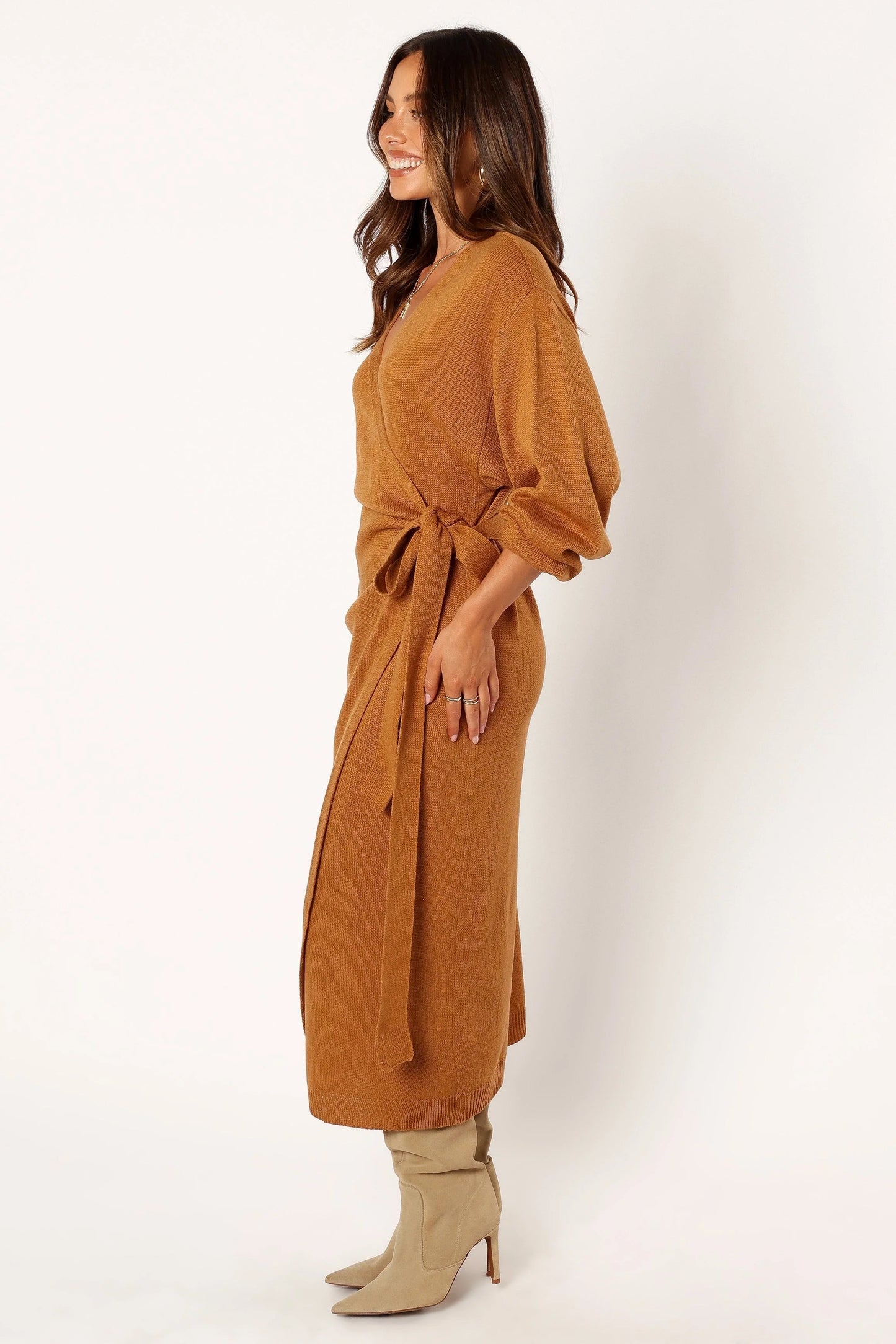 Wrap-Front Knit V-Neck Midi Dress