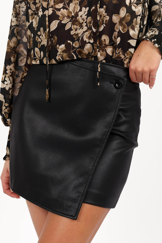 Asymmetric-Overlay Faux Leather Mini Skirt