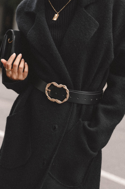 Black Faux Leather Belt with Gold Round Buckle