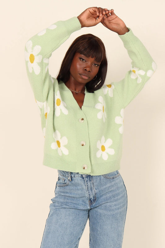Daisy-Print Cropped Floral Cardigan