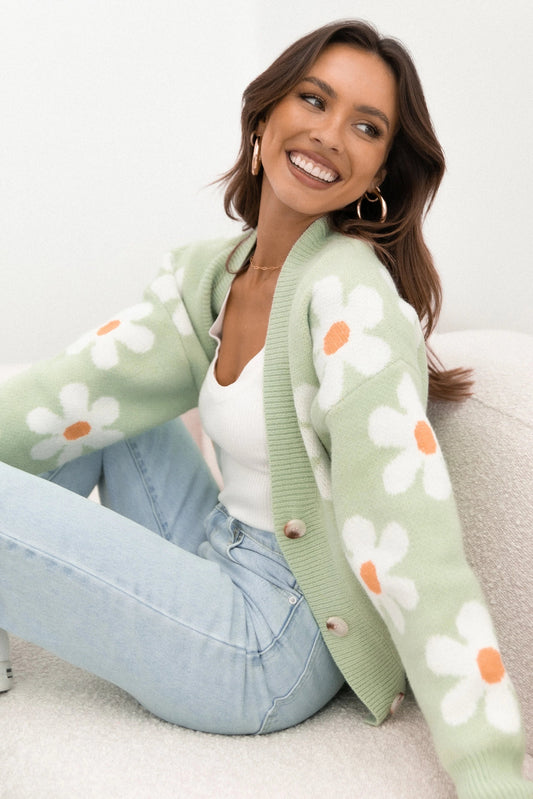 Daisy-Print Cropped Floral Cardigan