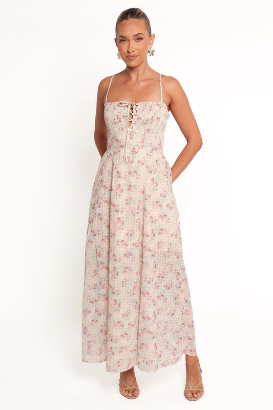 Ditsy Lace-Up Maxi Dress